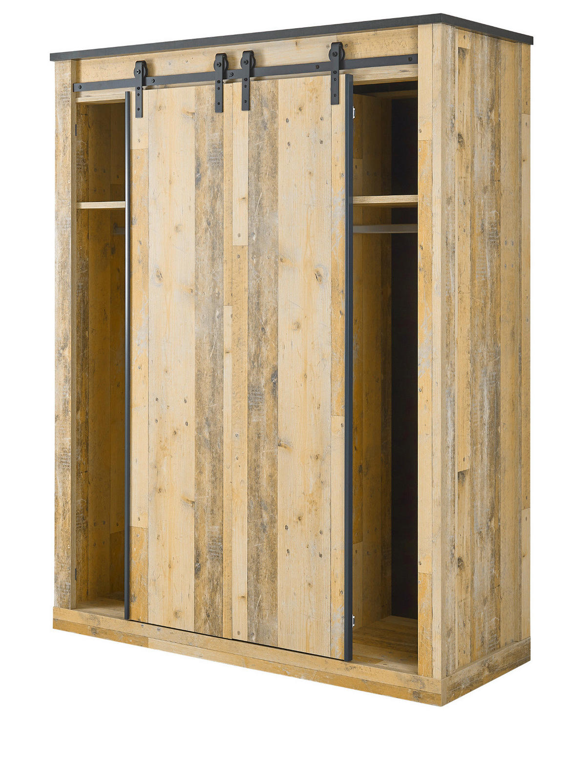 KLEIDERSCHRANK Used Wood hell, dunkles Grau 163 x 209, Schiebetürenschrank 3-türig mit Spiegel - Dunkelgrau/Schwarz, Glas/Holzwerkstoff (163/209/63cm) - Furn.Design