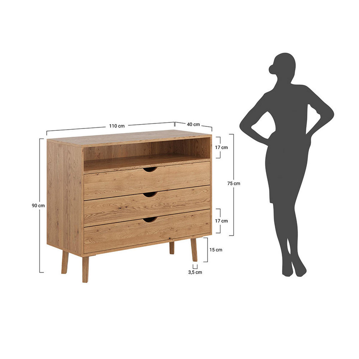 KOMMODE Simona Eiche Natur 110 / 40 / 90cm - Eichefarben, Holz (110/90/40cm) - Feldmann-Wohnen
