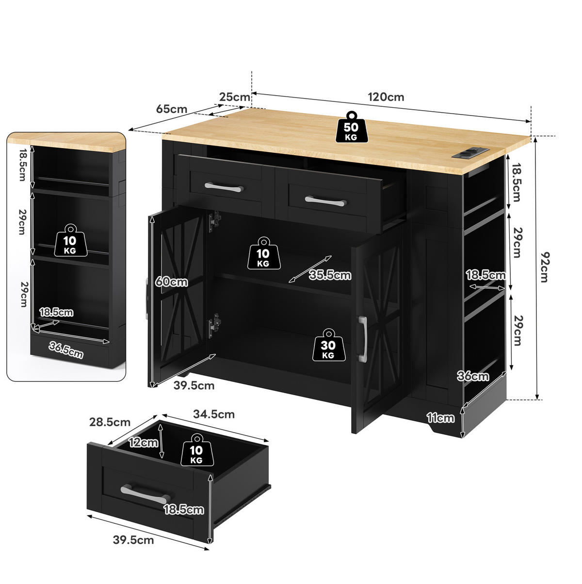 KÜCHENINSEL mit Klapptisch 120 x 40/65 x 92 cm MDF Black/Natural - Schwarz, Holz (65/92/120cm) - Beauniv