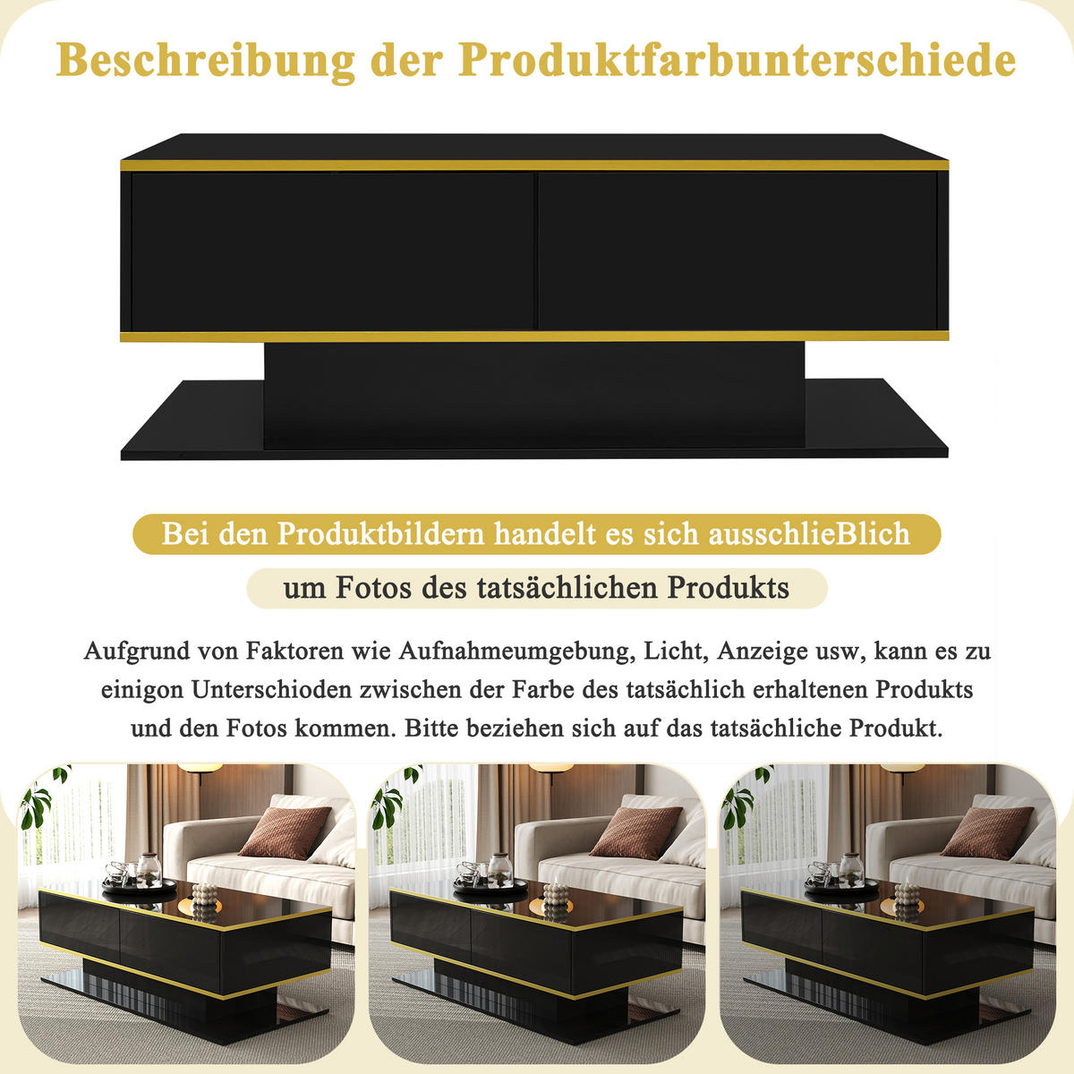 COUCHTISCH 100/50/40 cm Schwarz Gold mit LED-Beleuchtung Hochglanz mit 3 Schubladen - Schwarz, Holzwerkstoff (100/50/40cm) - OKWISH