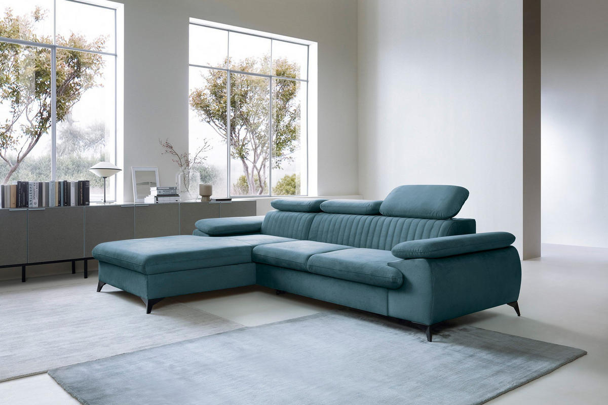 ECKSOFA FIORE Blau Velours-Stoff mit Schlaffunktion - Blau, Holz (280/193cm) - MASSENO