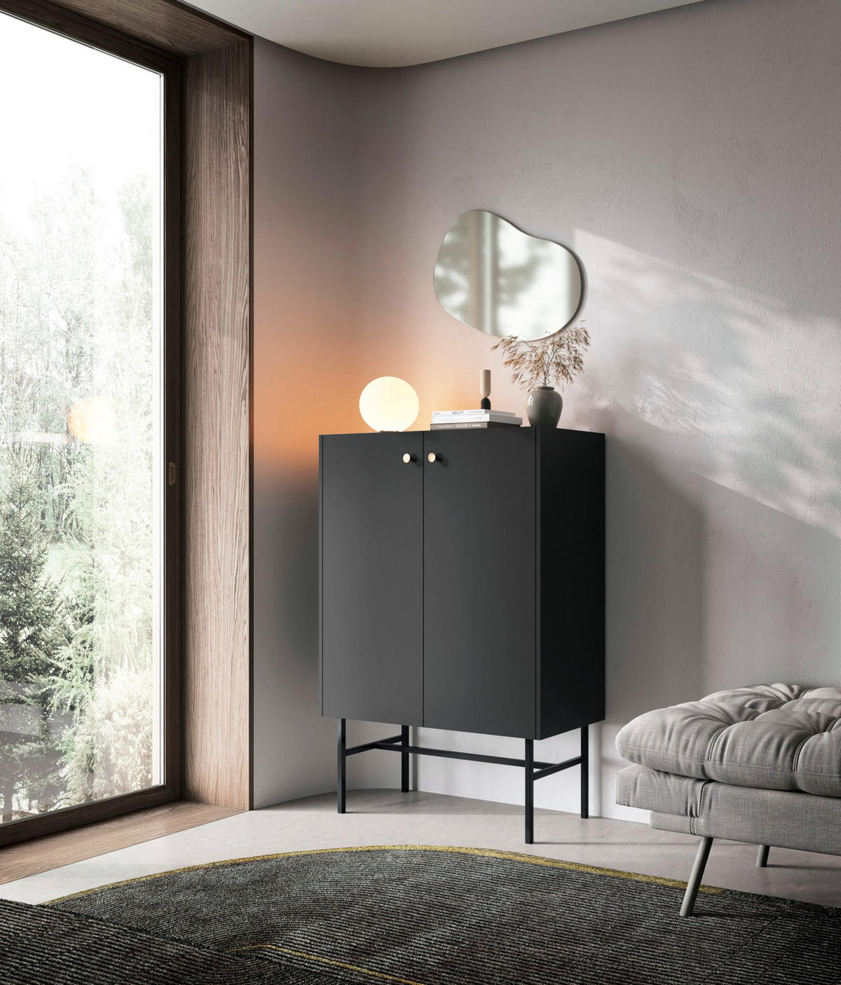HIGHBOARD Divenos Schwarz 93 cm - Goldfarben/Schwarz, Holzwerkstoff/Metall (93.2/131.7/39cm) - Selsey