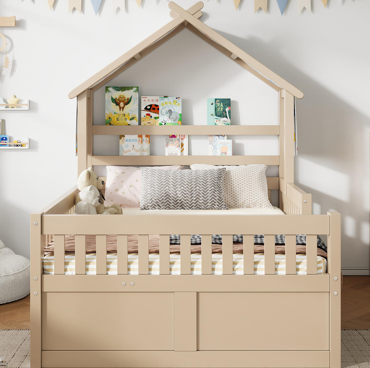 HAUSBETT 140x200 cm in Creme mit Ausziehbett, 3 Schubladen und Schutzgitter - Creme, Holzwerkstoff (140/200cm) - IVMEU