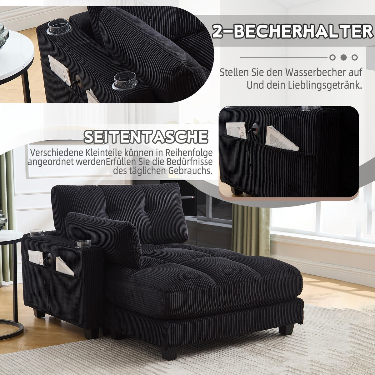 RÉCAMIERE Cord Schwarz mit Getränkehaltern, USB und Seitentasche - Schwarz, Holzwerkstoff/Kunststoff (140/81/121cm) - WISHDOR