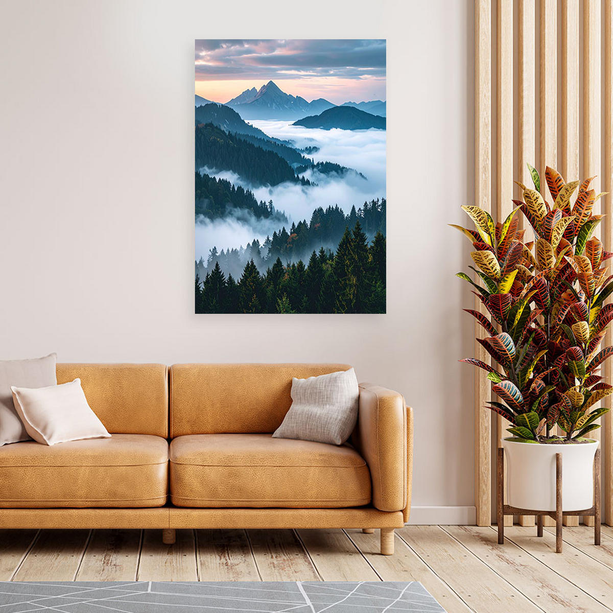 LEINWANDBILD Landschaft Aussicht Berge Wald Nebel Natur 80x120cm - Blau, Textil (80/120cm) - Feeby