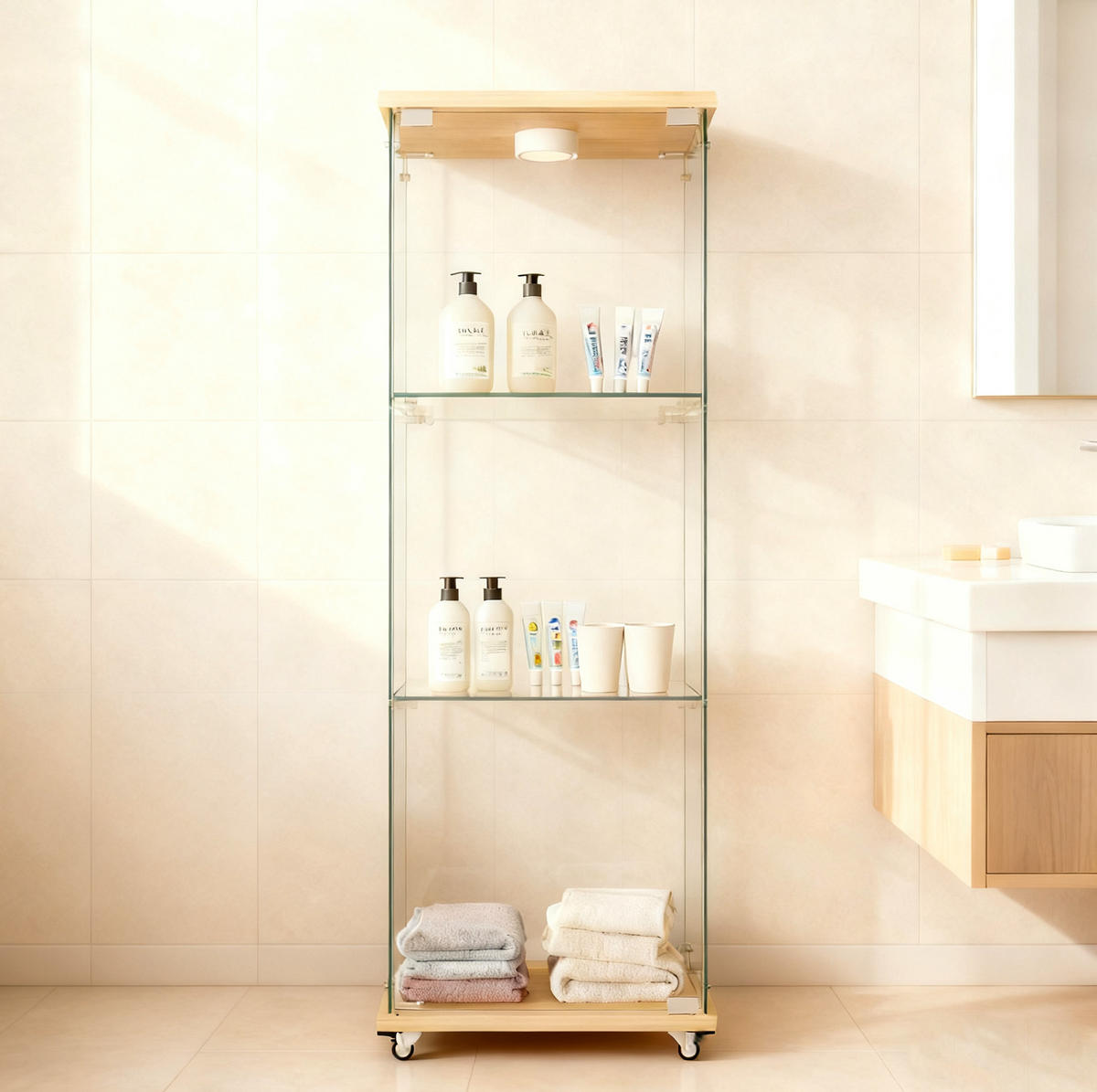 VITRÍNA 36,5/42,5/120 cm s LED osvětlením, z MDF a skla, přírodní - přírodní, kompozitní dřevo (42.5/120/36.5cm) - Redom