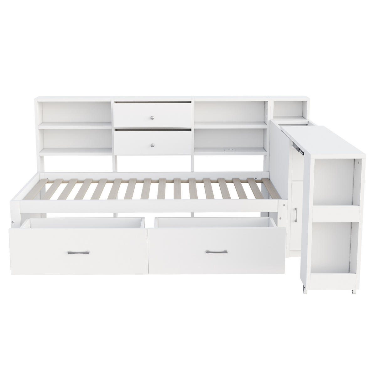 BETT 90/200 cm Weiß aus Holz mit Stauraum und ausziehbarem Schreibtisch - Weiß, Holz (90/200cm) - OKMYHOME