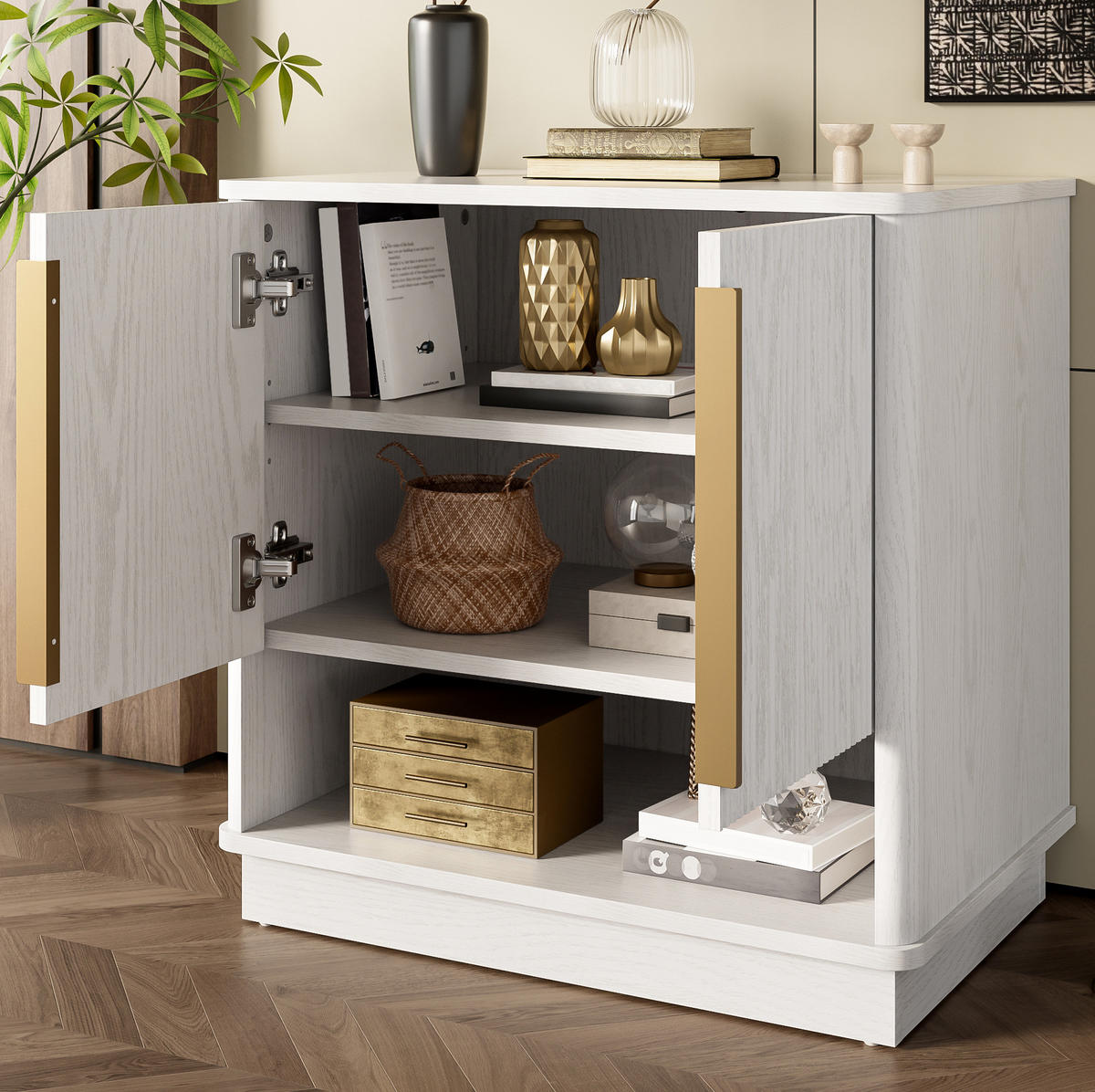 SKRINKA na topánky z MDF, 60/40/61 cm biely v dekore dreva s 2 dverami a otvorenou priehradkou - biela, kompozitné drevo (60/61/40cm) - BEAOK