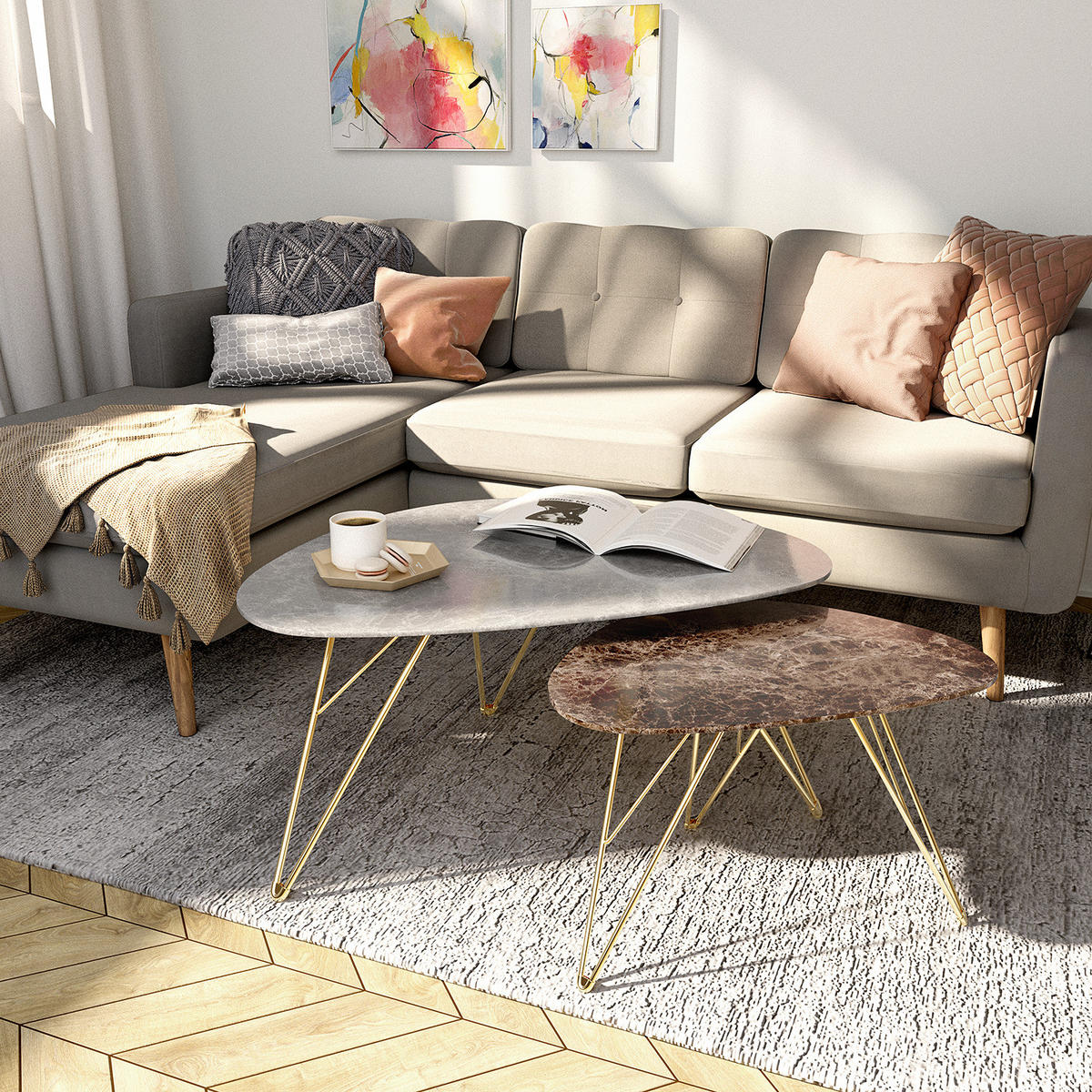 COUCHTISCH - Marmor Hellgrau Dekor / Gold - Hellgrau, Holzwerkstoff/Metall (60/90/42cm) - home24