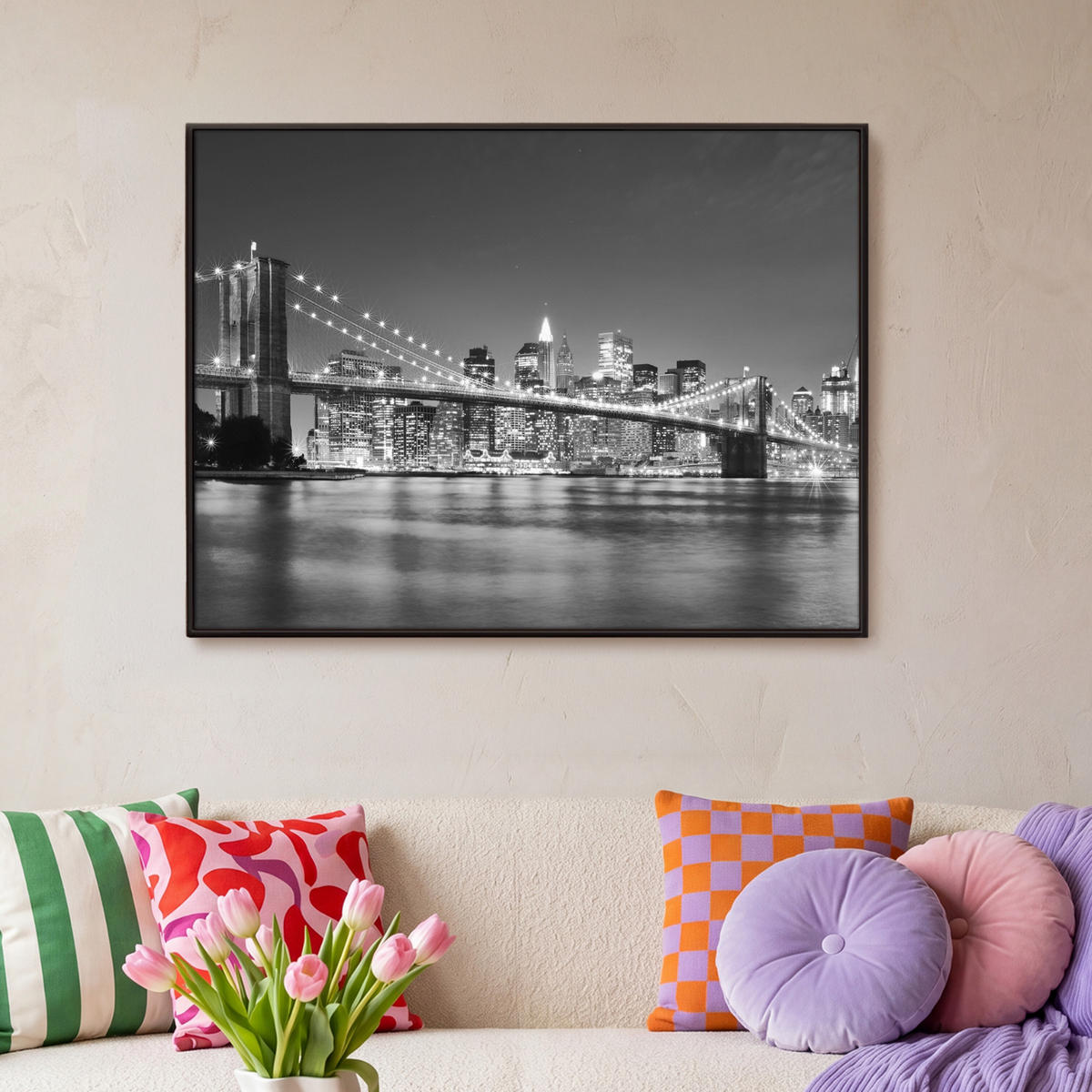 LEINWAND Bilder mit Rahmen - New York - Brücke - Brooklyn - Schwarz und weiß - Architektur - 100x70 - Schwarz, Textil (100/70cm) - MuchoWow