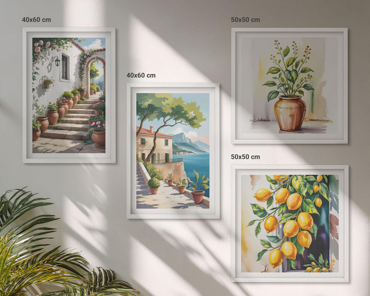 WANDBILDER 4er-Set - 50x50 cm & 40x60 cm Weißer Rahmen - Zitronenblüten am Meer - Weiß, Kunststoff (50/50cm) - ArtPrintCave