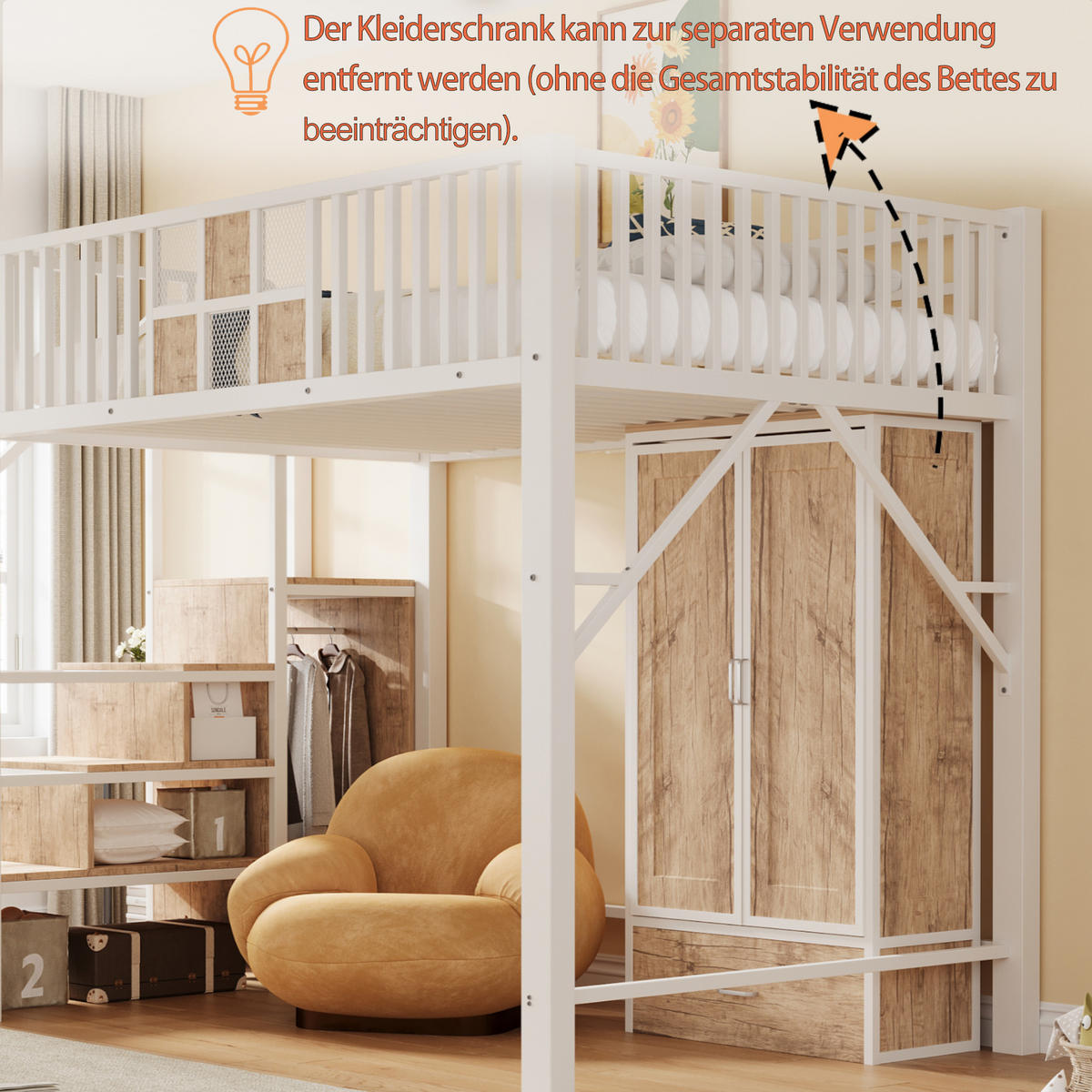 HOCHBETT 140/200 cm in Weiß mit Kleiderschrank, Schublade und Aufbewahrungsleiter aus Metall und Holz - Weiß/Naturfarben, Holzwerkstoff/Metall (140/200cm) - CHICFURN