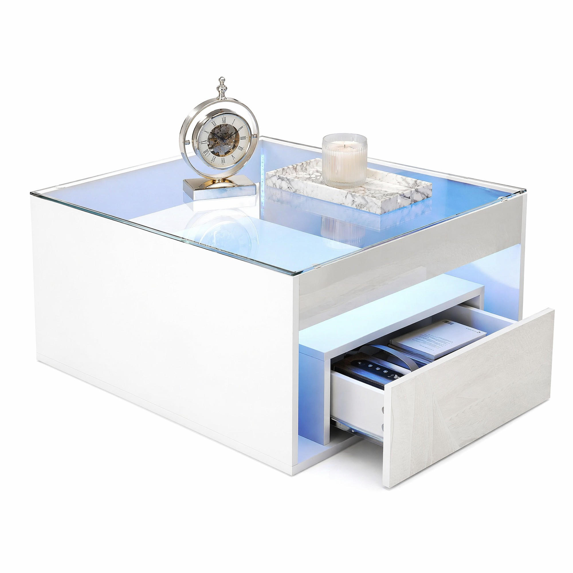 COUCHTISCH mit Glasplatte & LED-Beleuchtung, Weiß, 70/70/35 cm / MDF + Glas - Weiß, Glas/Holzwerkstoff (70/70/35cm) - EVRYAE