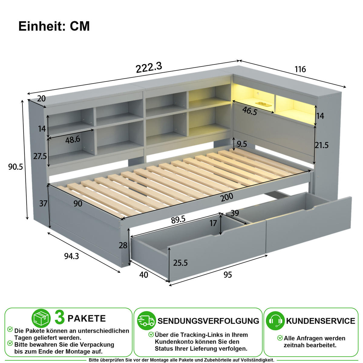 SCHLAFSOFA 90/200 cm in Grau mit Schubladen, LED und USB - Grau, Holz/Holzwerkstoff (90/200cm) - CHICFURN