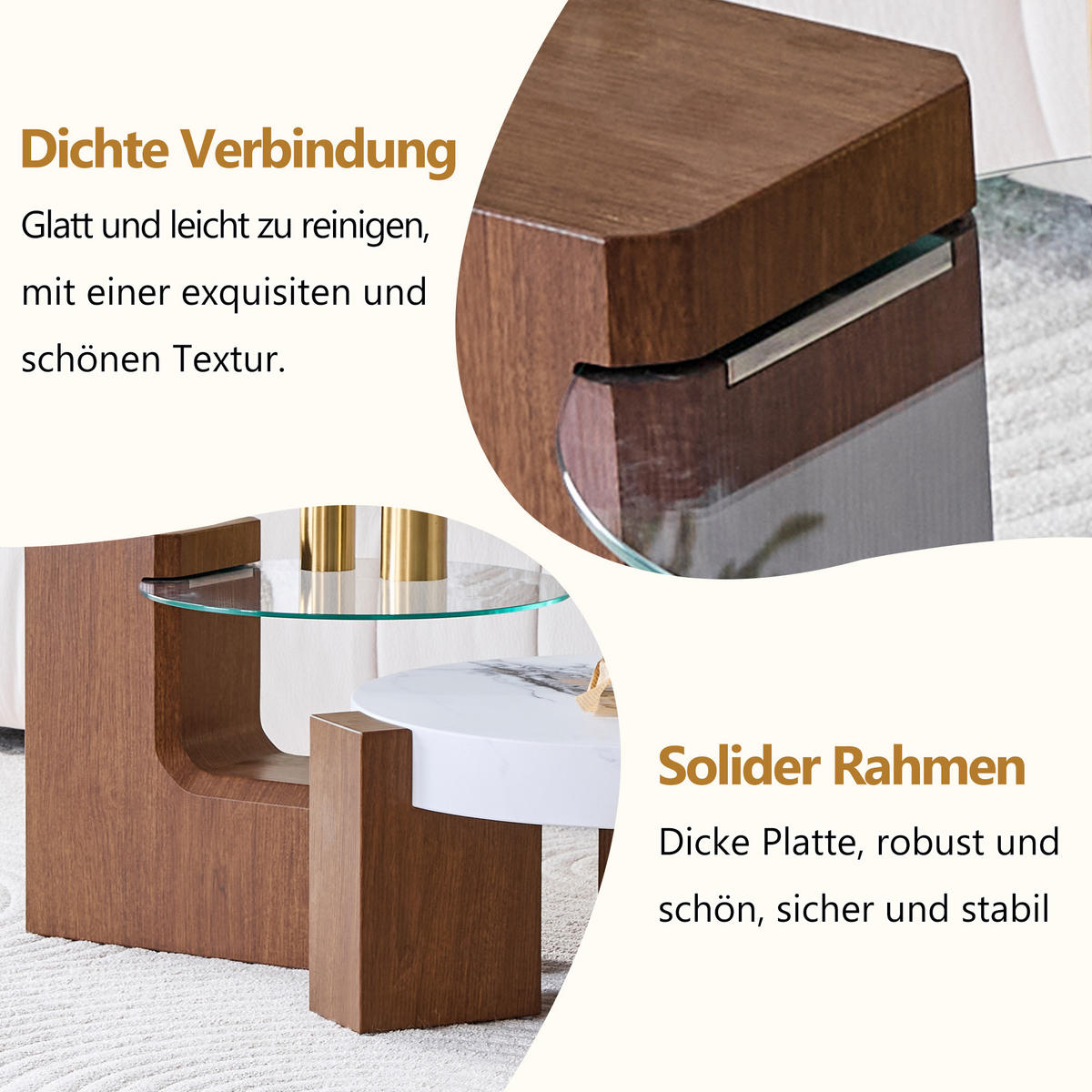 COUCHTISCH in Naturfarbe und Weiß 2er-Set Couchtisch-Kombination für Wohnzimmer, B44/T62/H44 cm, Ø61/H30 cm - Walnussfarben/Weiß, Glas/Holzwerkstoff (61/61/30cm) - STILVORA