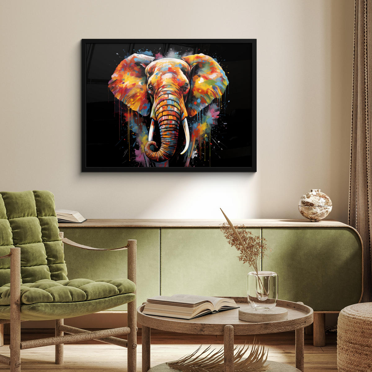 POSTER MIT RAHMENGERAHMTES BILD Elefant - Graffiti - Schwarz - Tiere - Farben 80x60 cm - Schwarz, Papier (80/60cm) - MuchoWow