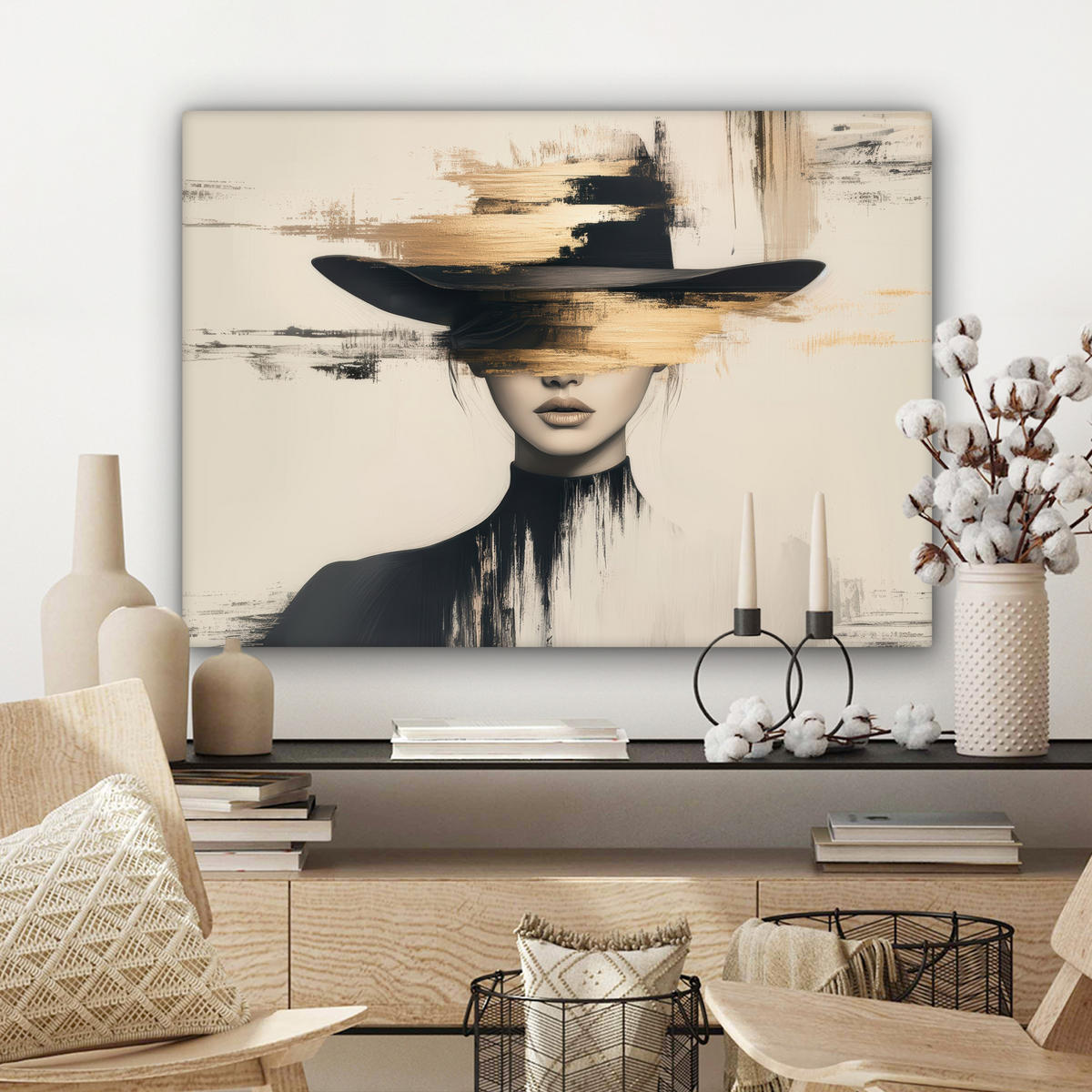 LEINWANDBILD Frau - Hut - Farbe Wandbilder 80x60 cm - Goldfarben, Textil (80/60cm) - MuchoWow