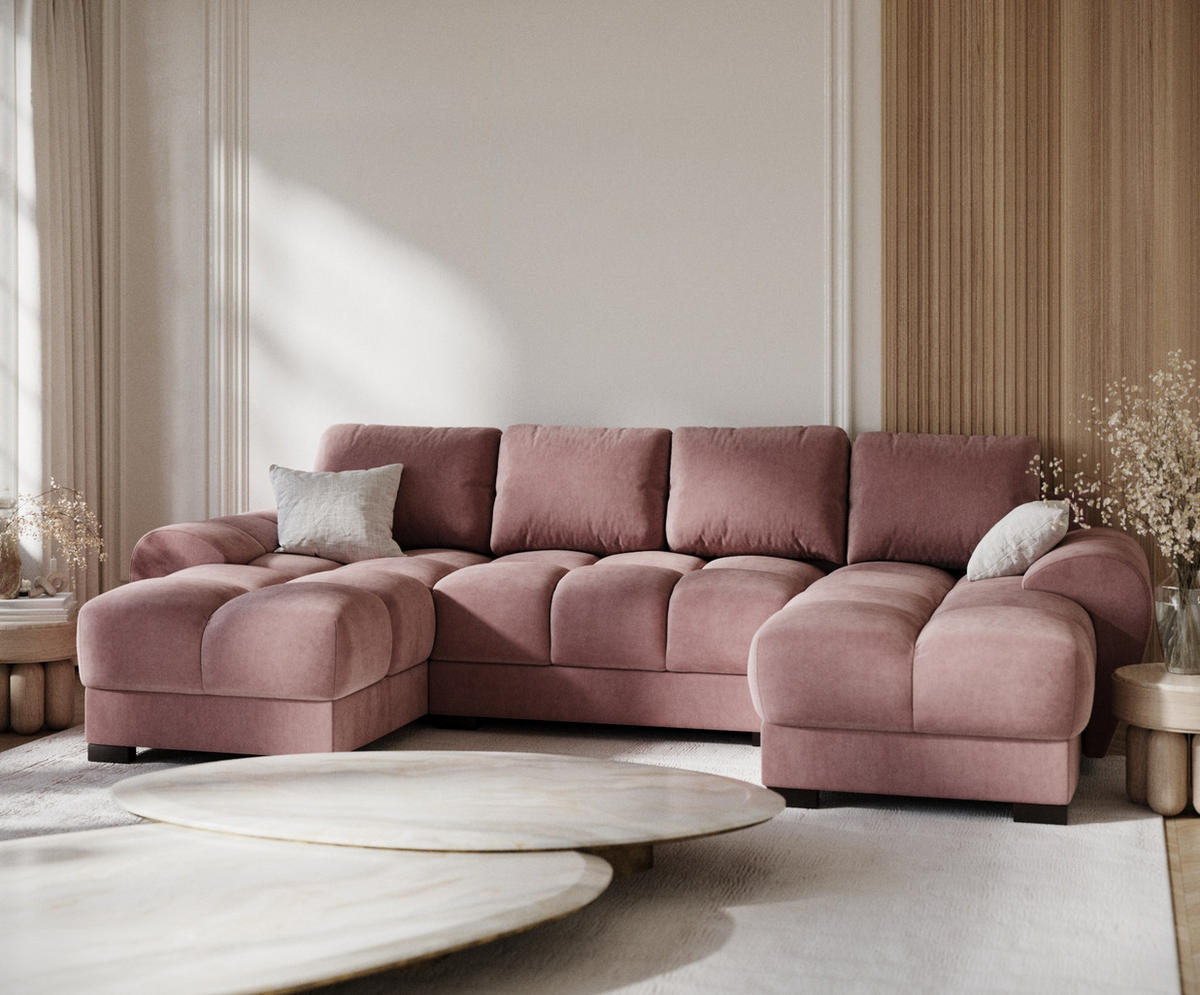 WOHNLANDSCHAFT Peebles Rosa Samtstoff - Pink/Schwarz, Holz/Holzwerkstoff (330/90/175cm) - Maison de Reve