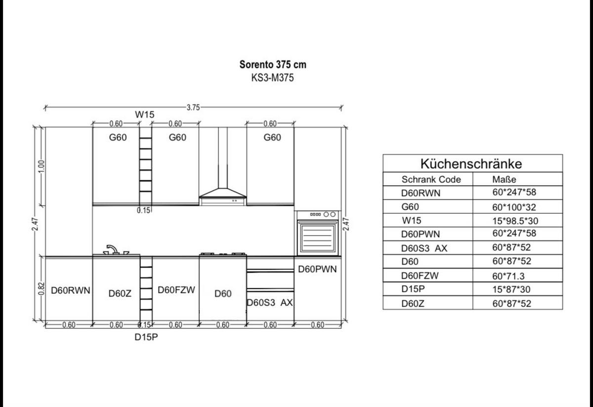 KÜCHENZEILE 360 cm - Sorento KS3-M375 - in Dunkle Eiche - Eichefarben/Schwarz, Holz (375/247/58cm)