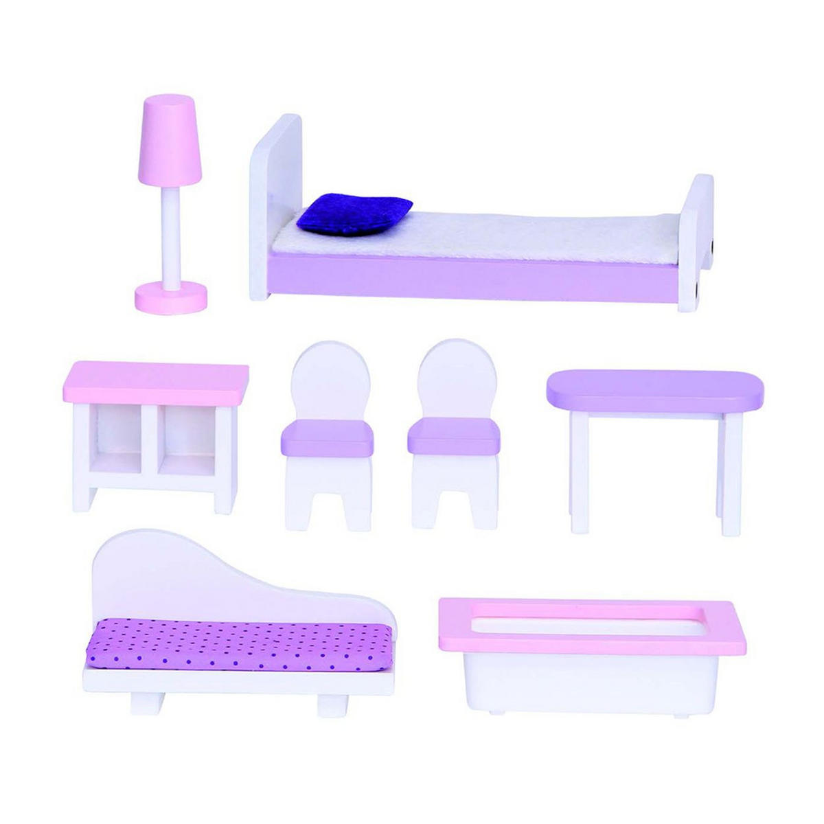 PUPPENHAUS Anna 4121 rosa Holz, 8-teiliges Möbelset, 3 Etagen, 4 Zimmer, Badewanne, Bett - Rosa, Holz (27/95/52cm) - Moni