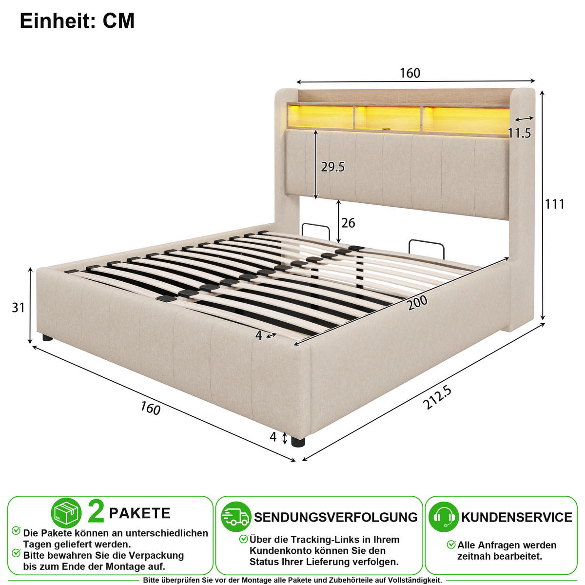 POLSTERBETT 160/200 cm in Beige mit Bettkasten, LED und USB aus Leinenstoff - Beige, Holzwerkstoff/Textil (160/200cm) - CHICFURN