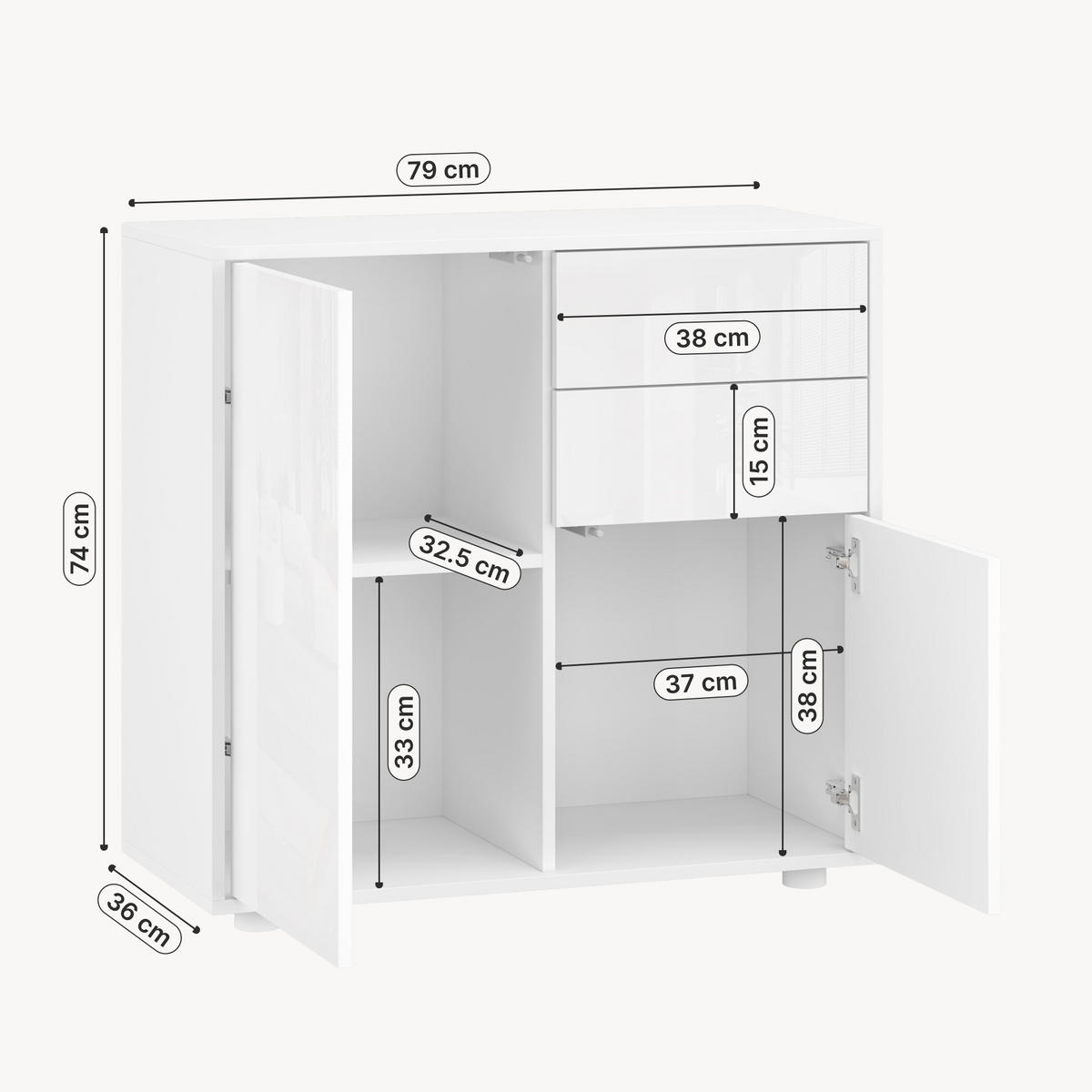 KOMMODE Paarl 2-türig - Weiß Hochglanz, Holzwerkstoff (79/74/36cm) - [en.casa]
