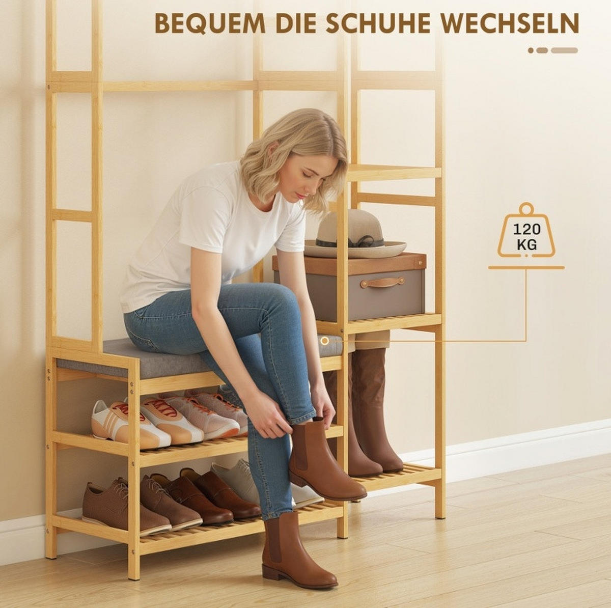 STANDGARDEROBE 104/33/175 cm mit 10 Haken, Schuhablage, Sitzbank aus Bambus - Naturfarben, Naturmaterialen (104/175/33cm) - BEAOK