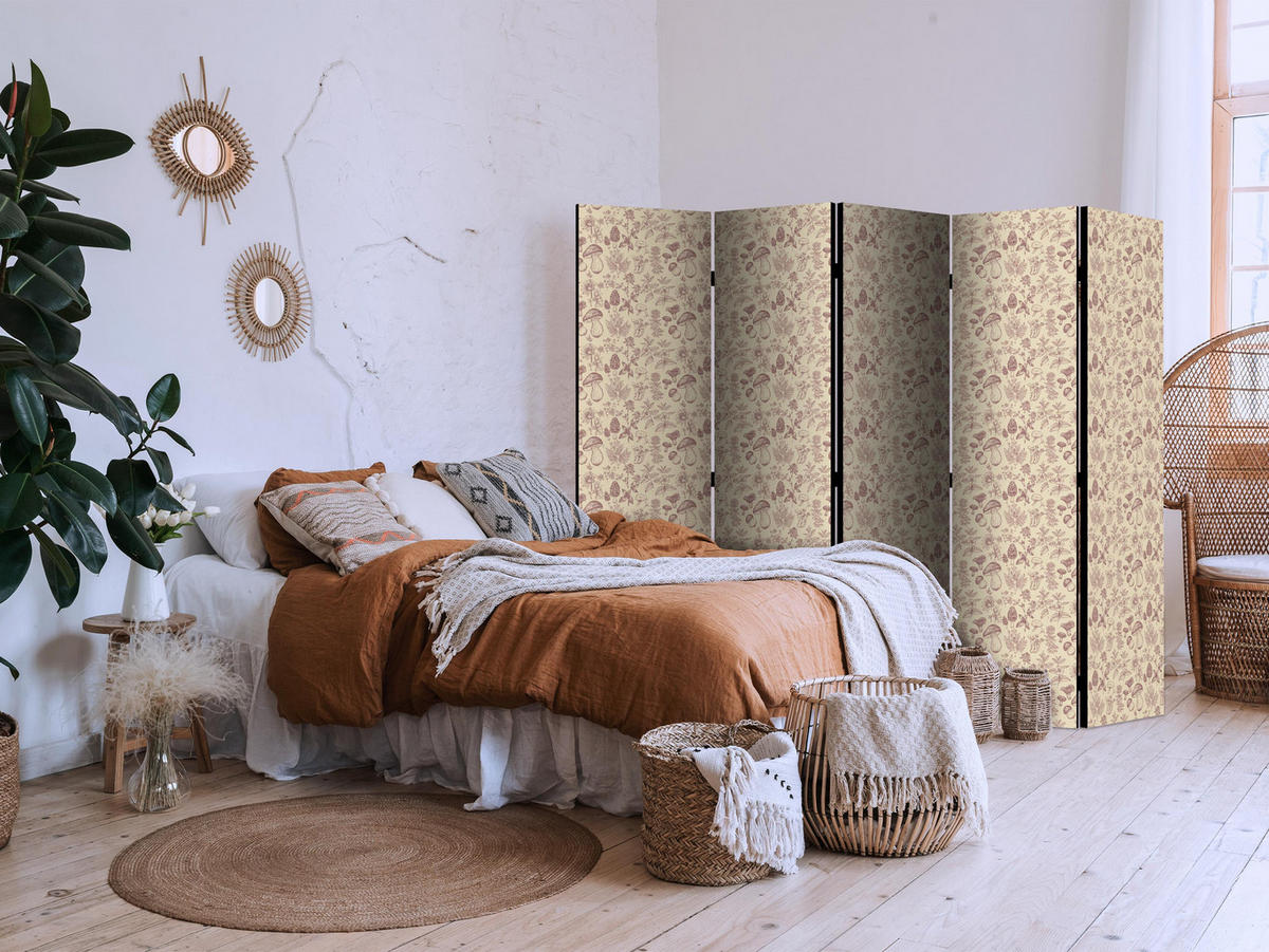 PARAVÁN Akustický 5-dielny 225x172 cm Boho Kvety a Huby - hnedá, drevo/textil (225/172/3cm) - Muralo