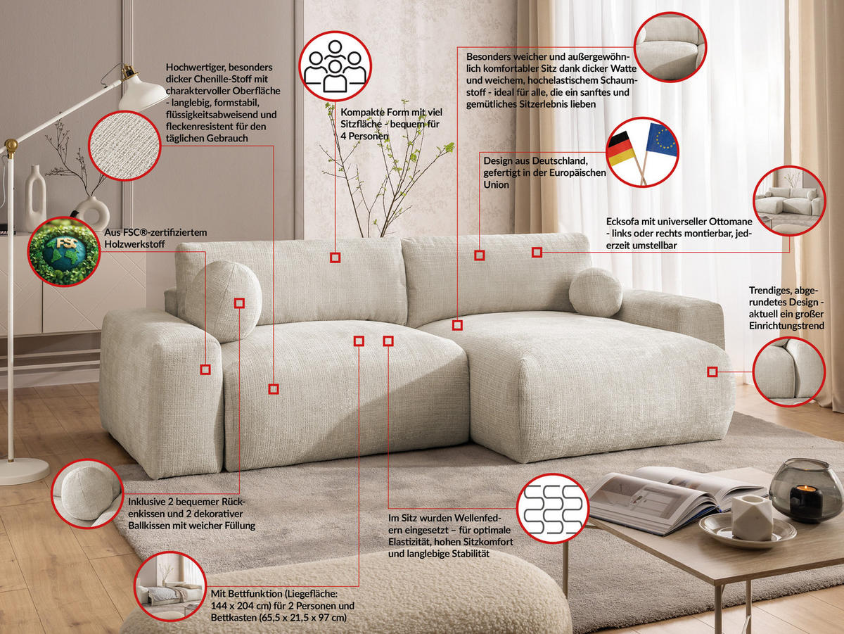 ECKSOFA Puffy mit Schlaffunktion und Bettkasten - besonders weich und puffig aus Beige Chenille-Stoff - Ottomane rechts - Beige/Creme, Holz/Kunststoff (266/138cm) - S-Style Möbel