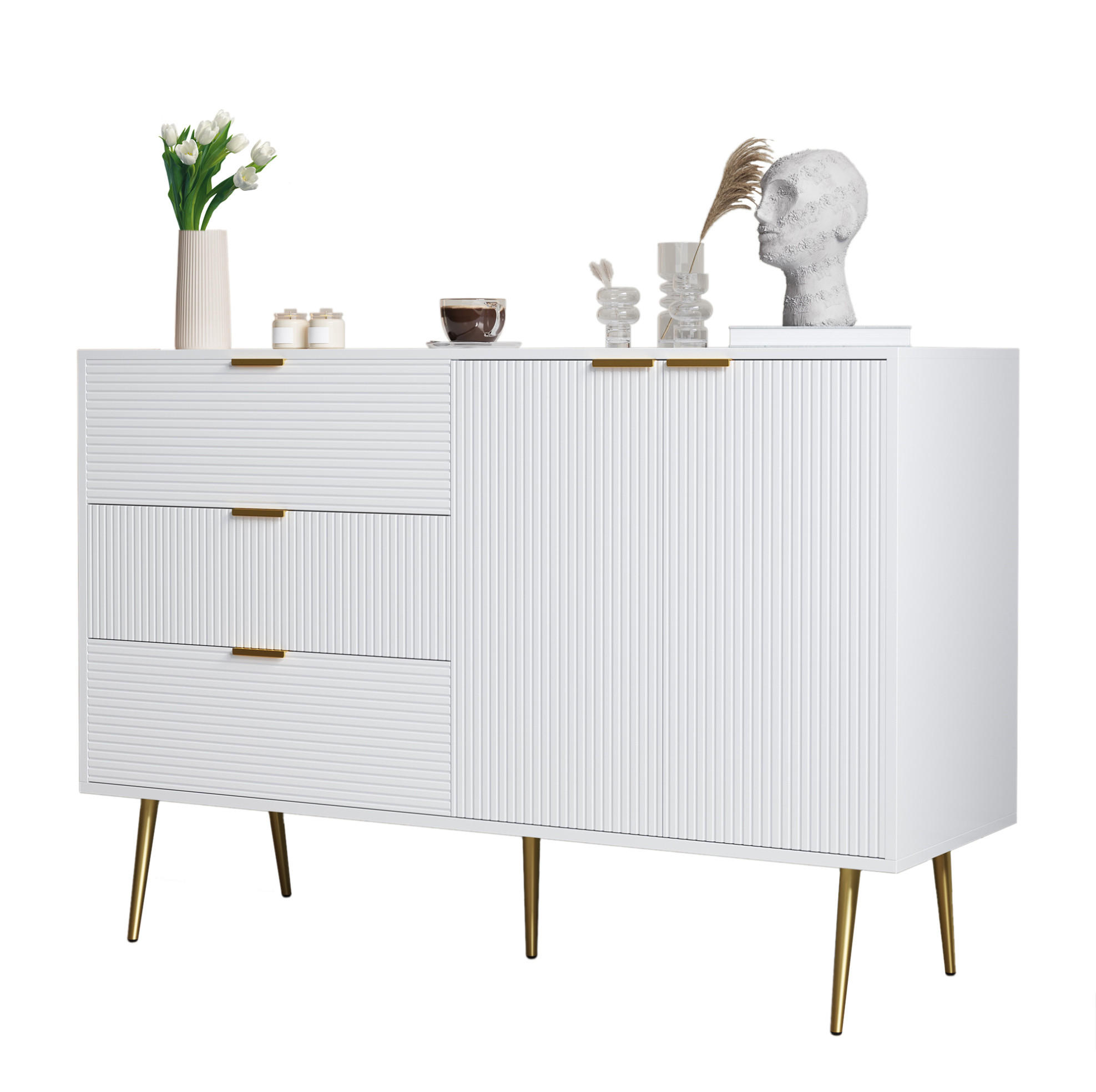 SIDEBOARD 120/38/80.5 cm Weiß/Gold aus MDF mit 3 Schubladen und 2 Türen - Weiß, Holzwerkstoff (38/80.5/120cm) - OKMYHOME