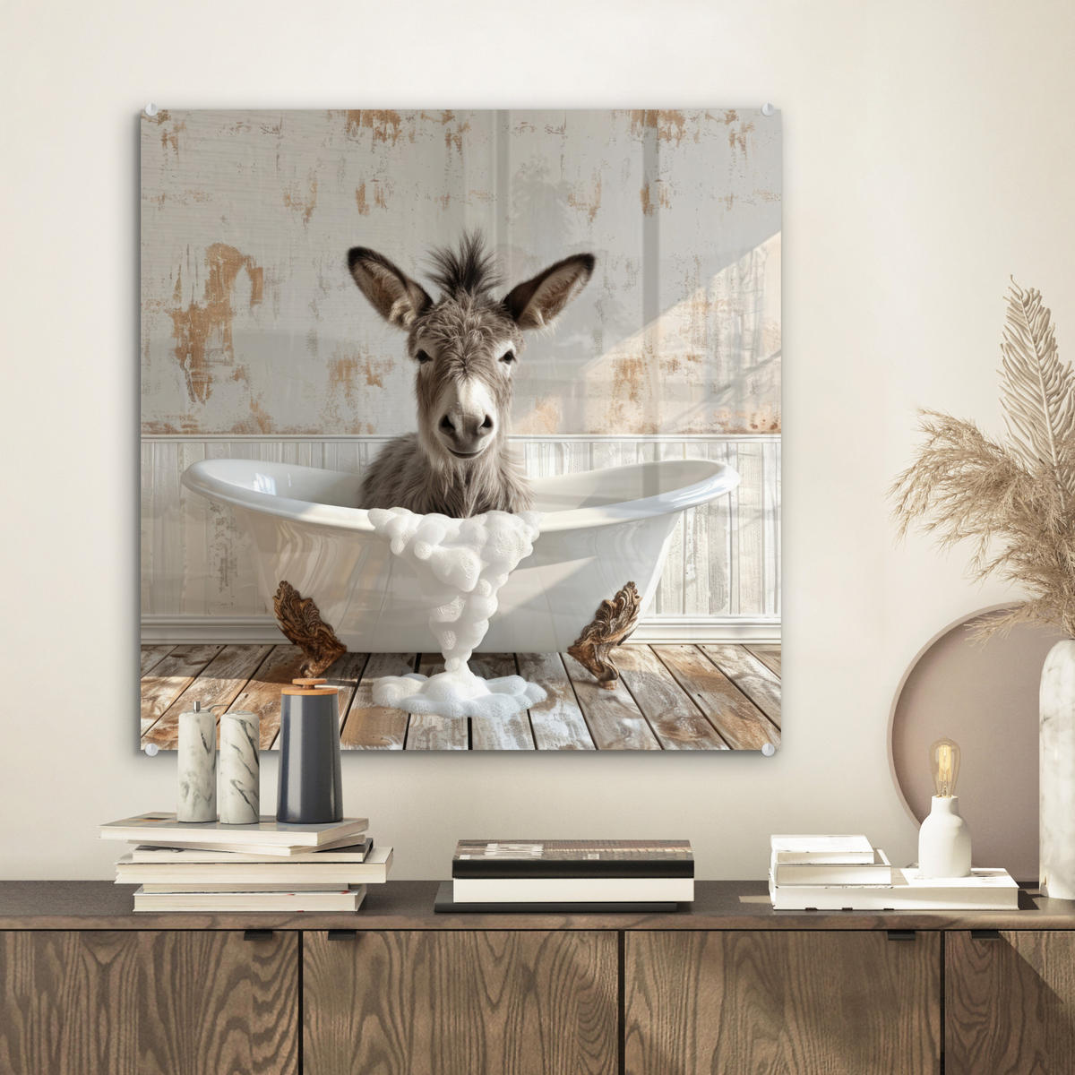 ACRYLGLASBILD Esel - Tiere - Badewanne - Schaumstoff 50x50 cm - Weiß, Glas (50/50cm) - MuchoWow