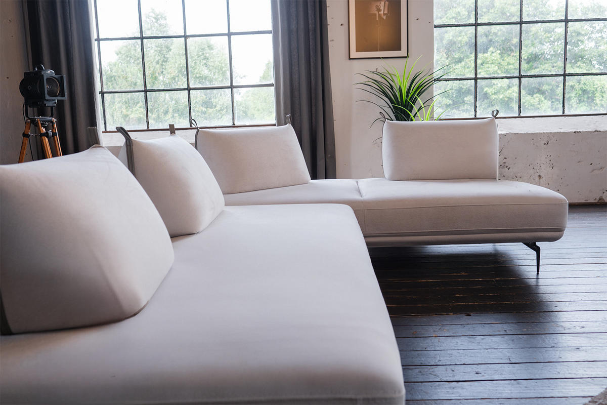 ECKSOFA CANE Cremeweiß Webstoff - Creme/Schwarz, Textil/Metall (310/210cm) - KAWOLA