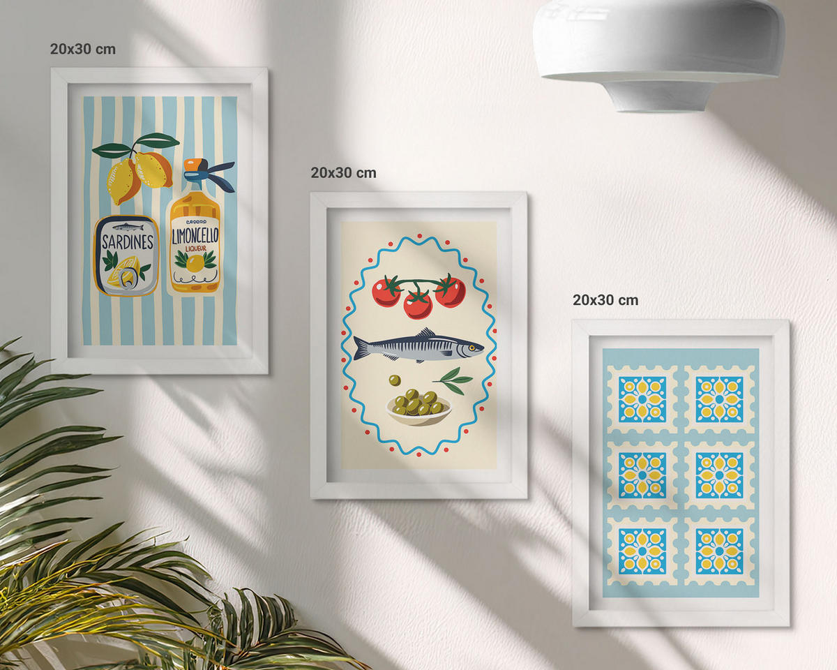 BILDER SET 3er Set - 20x30 cm Weißer Rahmen - Illustrationen von Küchen im mediterranen Stil - Weiß, Kunststoff (20/30cm) - TULUP