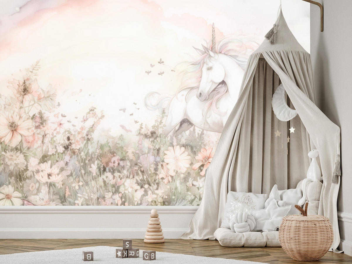 FOTOTAPETE für Kinder Einhorn Blumen Aquarell 350x256 - Gelb/Beige, Papier (350/256cm) - Muralo