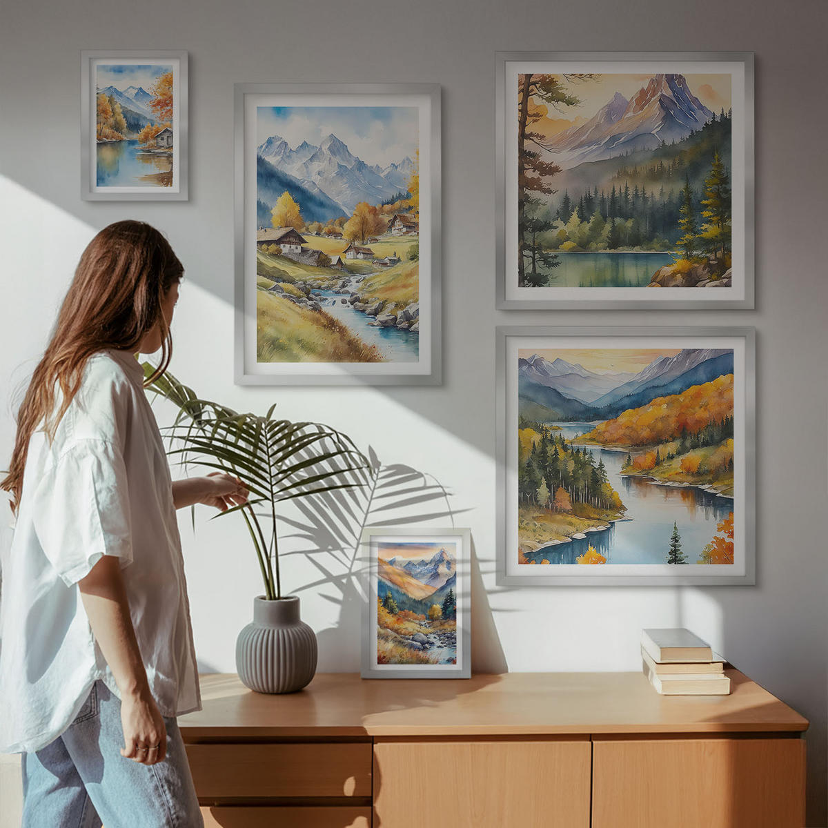 BILDER SET 5er Set - 50x50 cm & 20x30 cm & 40x60 cm Silberner Rahmen - Bergblick, Fluss, Herbst - Silberfarben, Kunststoff (40/60cm) - TULUP