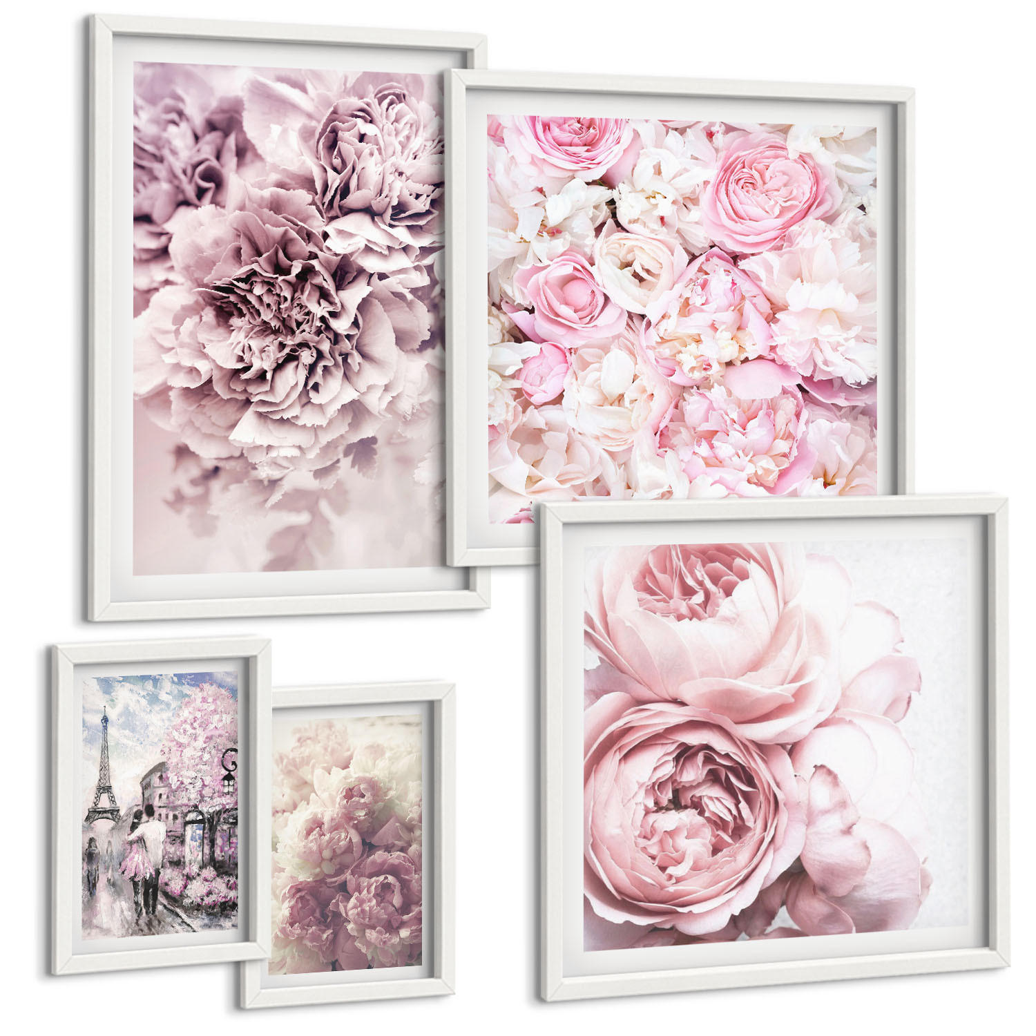 BILDER SET 5er Set - 50x50 cm & 20x30 cm & 40x60 cm Weißer Rahmen - Rosa Blumen, romantische Landschaft - Weiß, Kunststoff (40/60cm) - TULUP