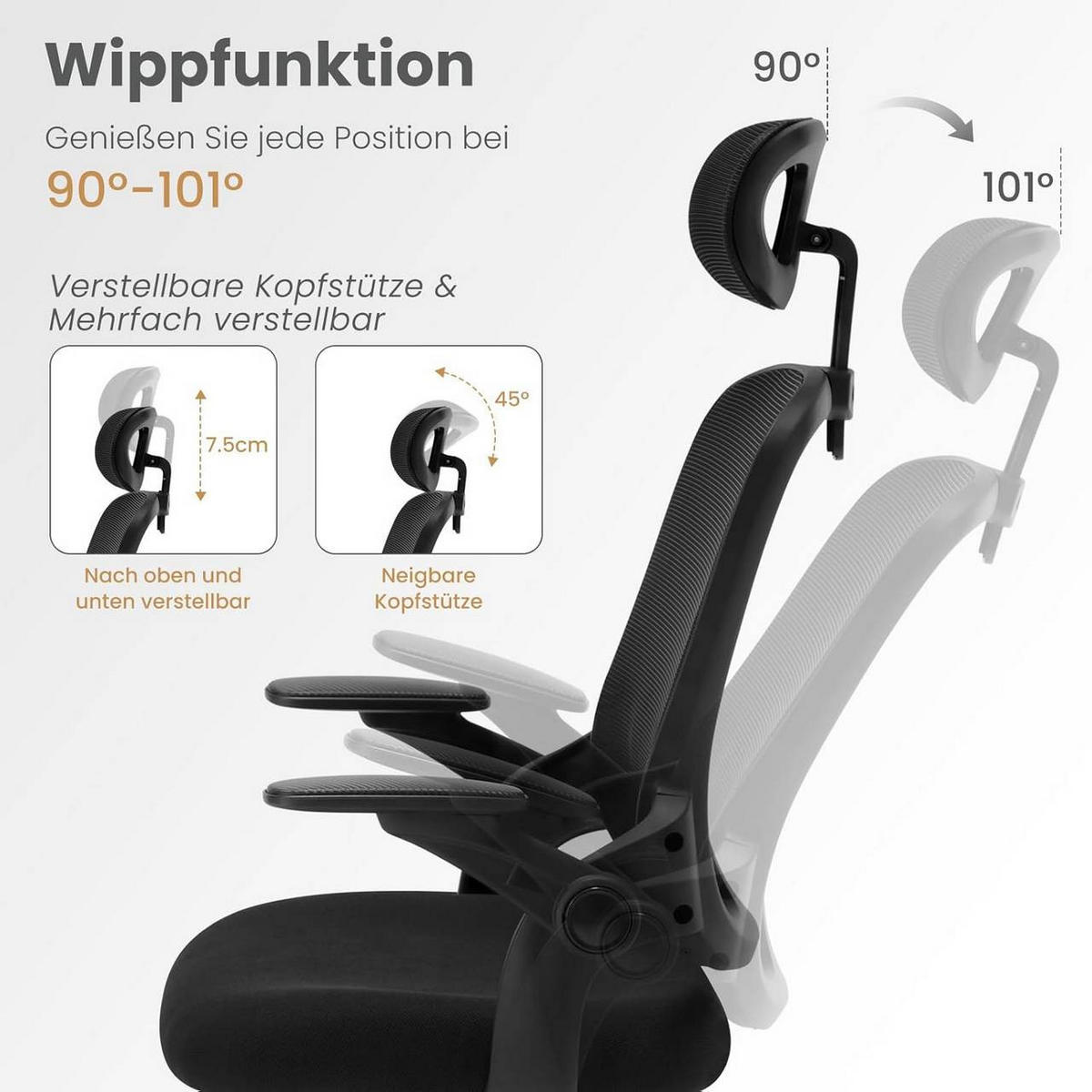 DREHSTUHL mit Wippfunktion, Netzstoff, Schwarz - Schwarz, Kunststoff/Textil (63.5/109.5/50cm) - Woltu