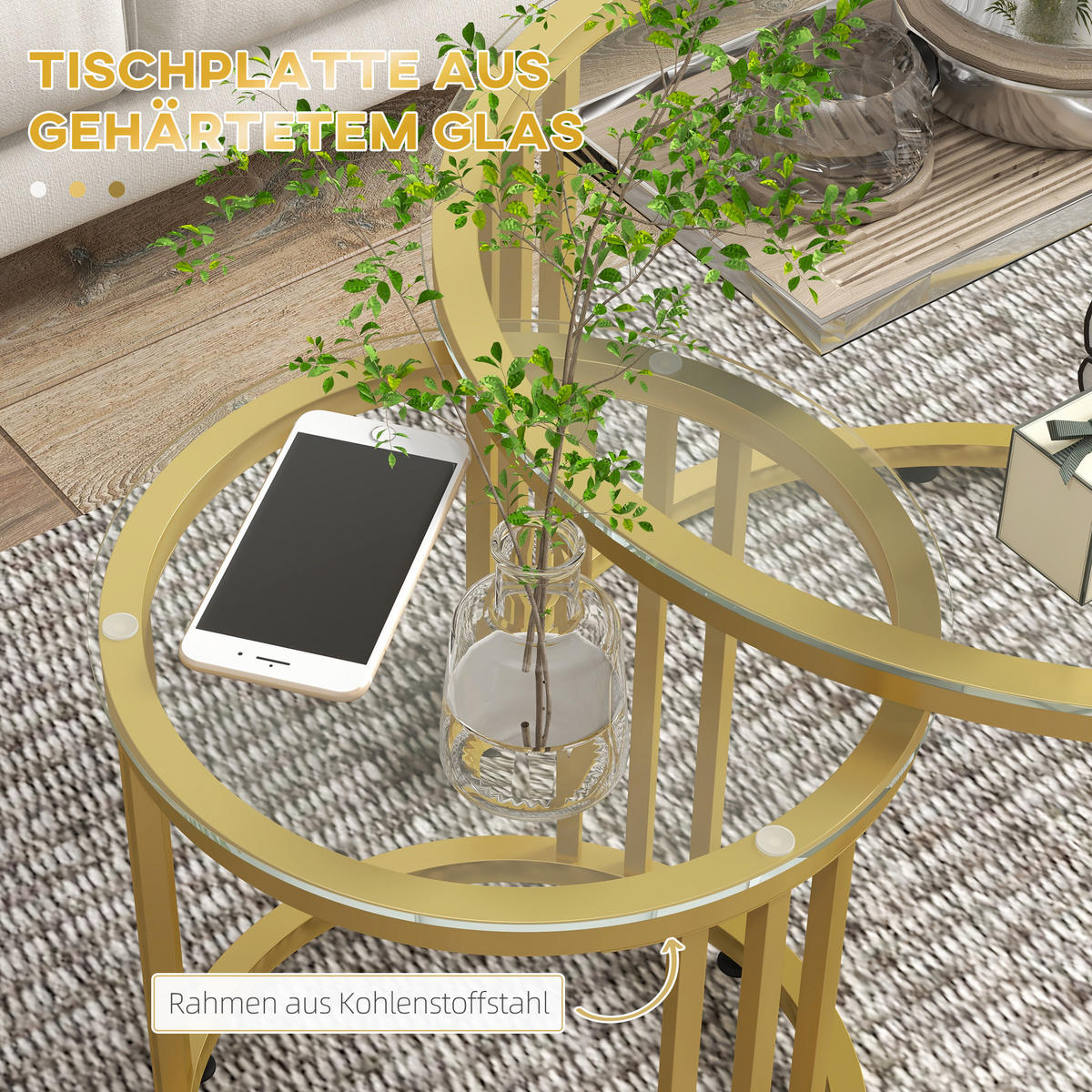 COUCHTISCH 2er-Set, Stapelbar Beistelltisch mit Stahlgestell für Büro, Gold - Goldfarben, Metall (60/60/47cm) - HOMCOM