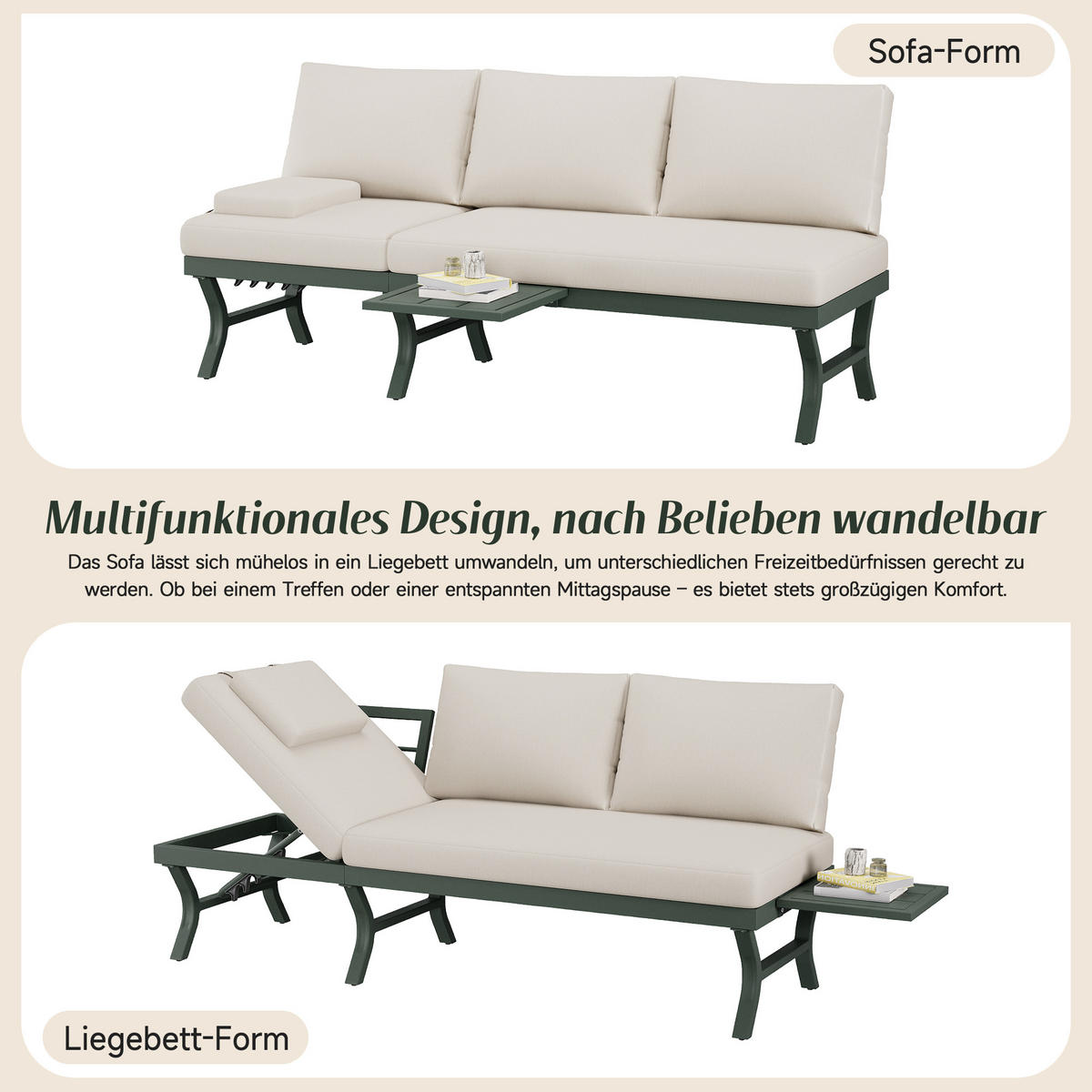 GARTENMÖBEL-SET 3-Sitzer Sofa Verstellbar Tisch Stahl Grün - Grün, Textil - FLIEKS