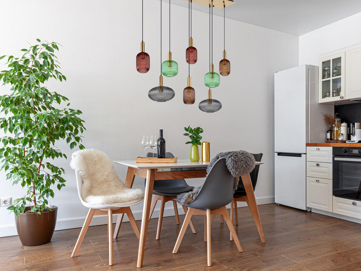 LED-PENDELLEUCHTE Breite 125cm, Lampenschirme Glas Bunt - Hellbraun/Messingfarben, Glas/Metall (48/125/125cm) - meineWunschleuchte