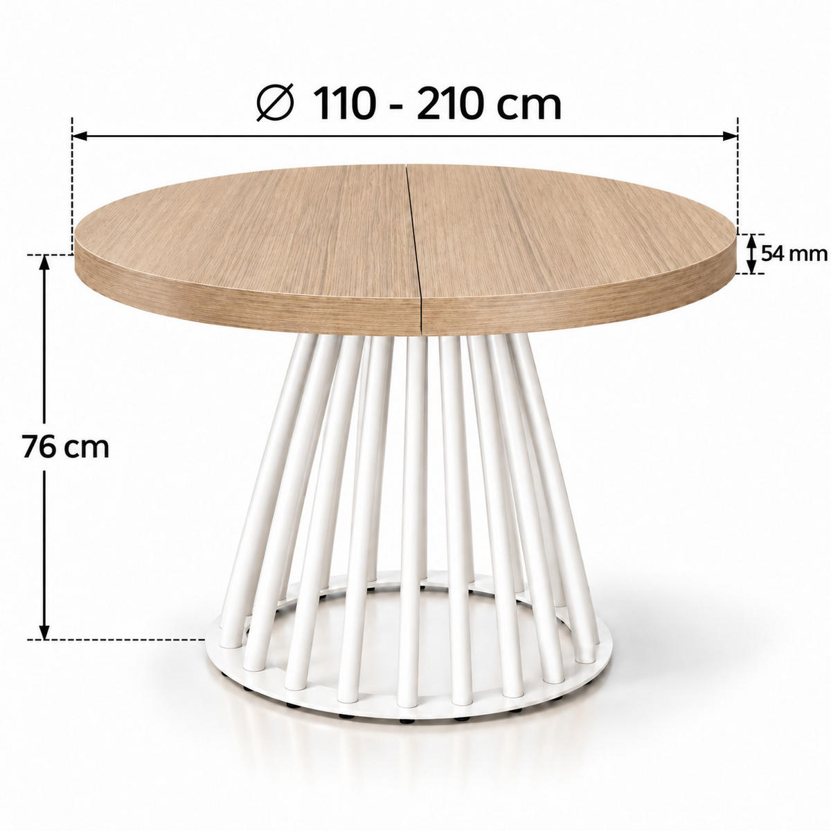 ESSTISCH rund ausziehbar 110/210/76 cm, Eiche Hikora Egger Natur, 54 cm Tischplatte + Lamellen-Metallgestell Weiß - Hellbraun/Eichefarben, Holzwerkstoff/Metall (110/210/76cm) - Damale Möbel