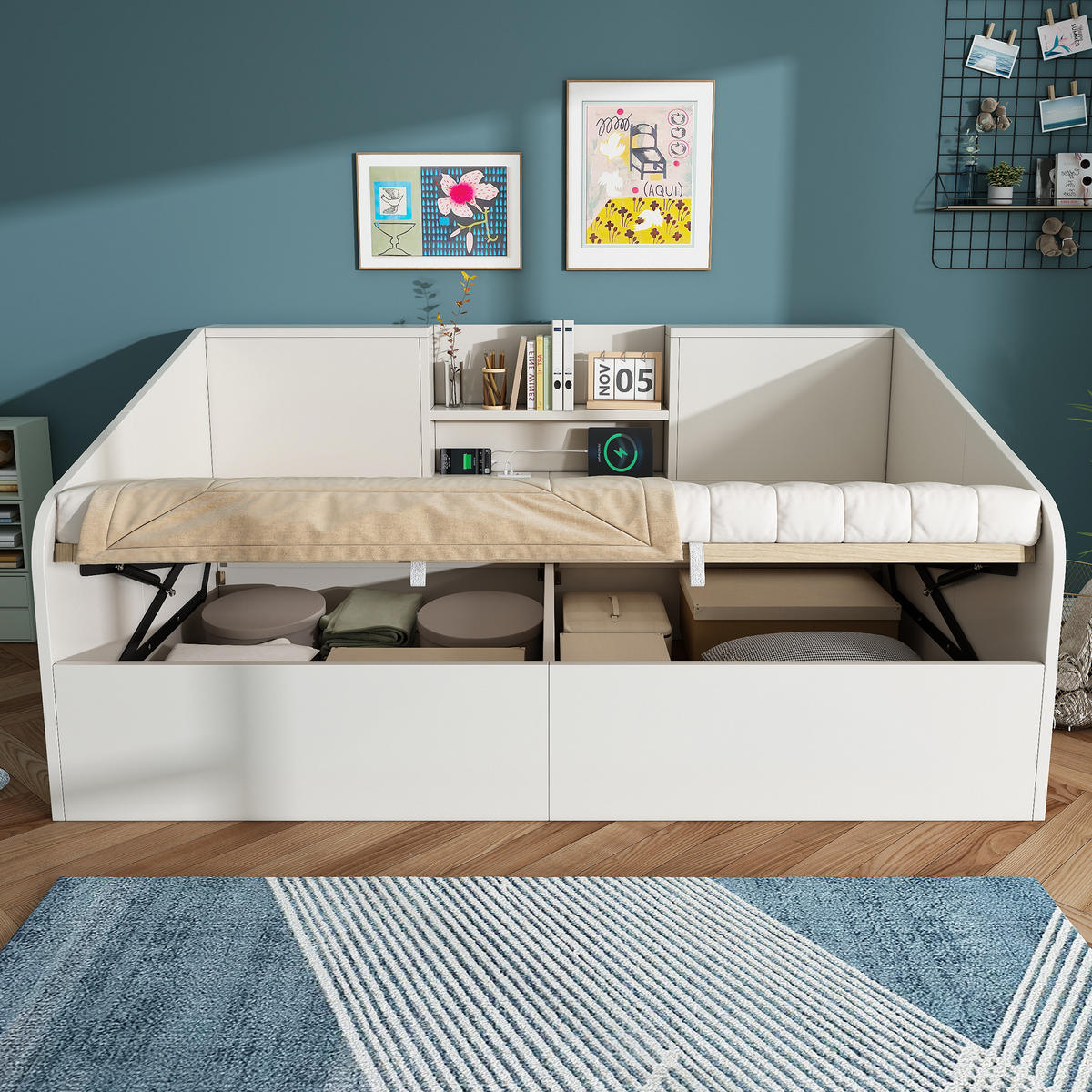 TAGESBETT 90/190 cm Weiß aus Massivholz mit Hydraulik-Stauraum - Weiß, Holzwerkstoff (90/190cm) - OKWISH