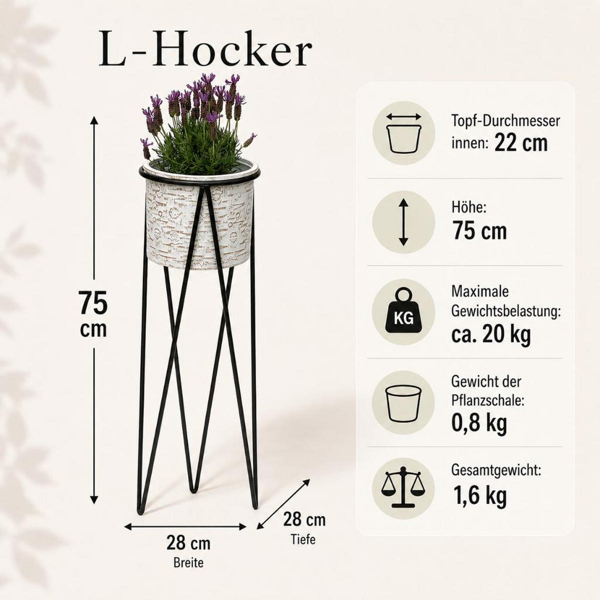 BLUMENHOCKER mit Topf Metall Schwarz/Weiß 28/28/75 cm - Schwarz, Metall (28/75/28cm) - DanDiBo