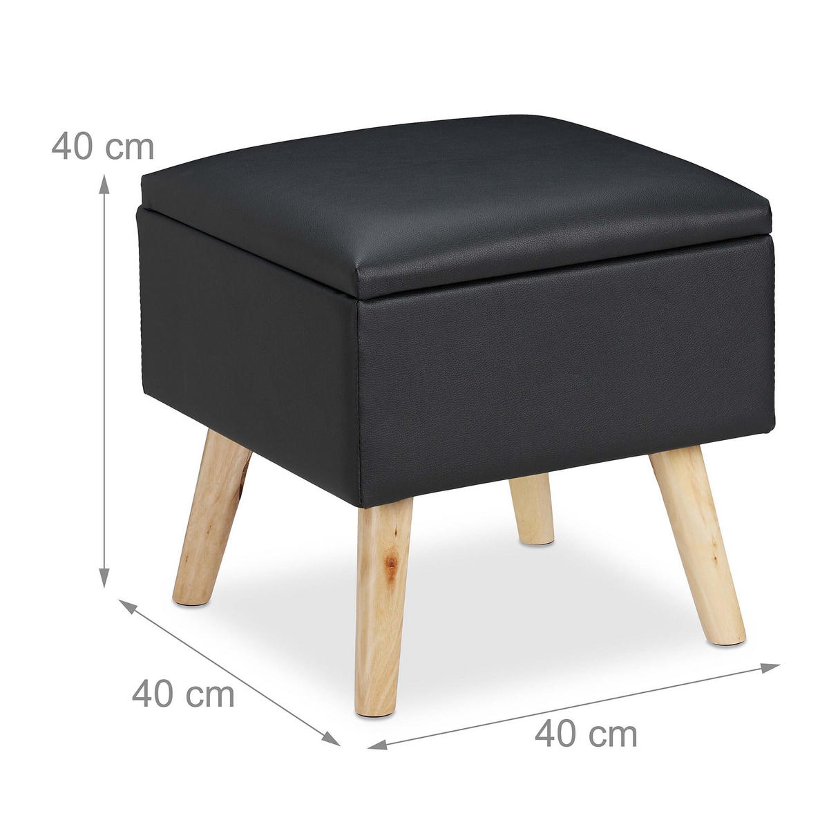 PUFF Svart med förvaring i konstläder - Multicolor, Trä/Träbaserade material (40/40/40cm) - Relaxdays