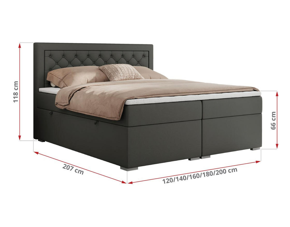BOXBETT JASIR 200/200 - Dunkelgrau Kunstleder - H4 - Dunkelgrau, Holz/Textil (200/200cm) - MKS