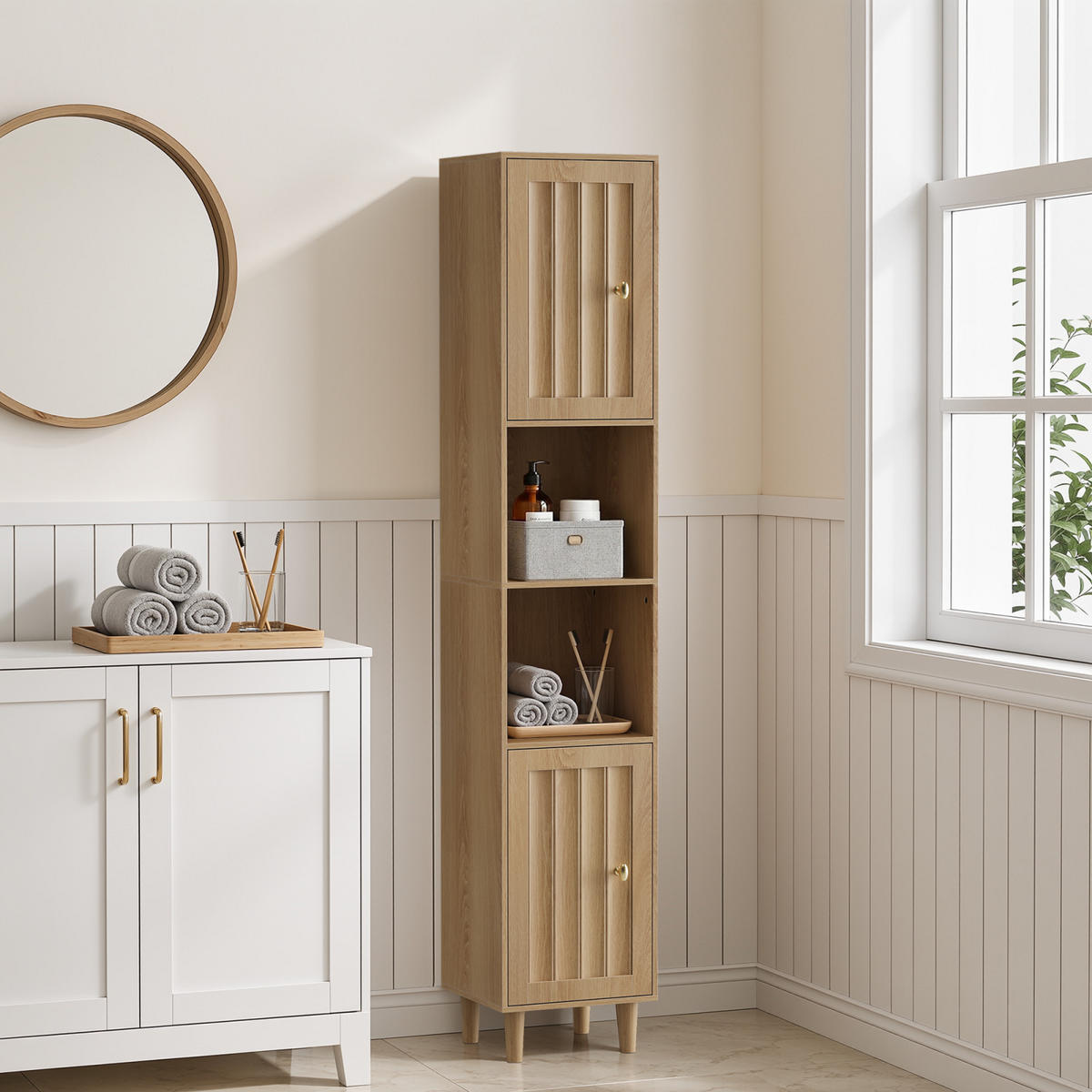 HOCHSCHRANK Bad 32/30/169 cm Eiche Optik mit Türen und offenen Regalen - Naturfarben, Holz (32/160/30cm) - PARAFTA HOME