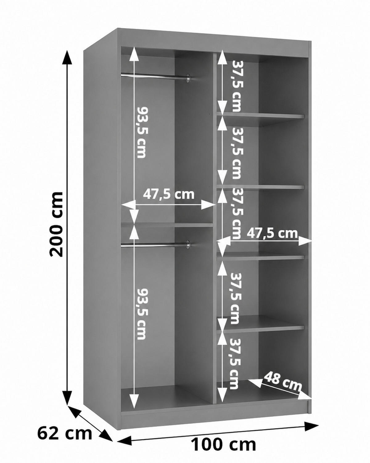 SCHIEBETÜRENSCHRANK mit Spiegel 100 cm Breite, schwarz, mit schwarzem Griff - Schwarz, Holzwerkstoff (100/200/62cm) - Home Collective