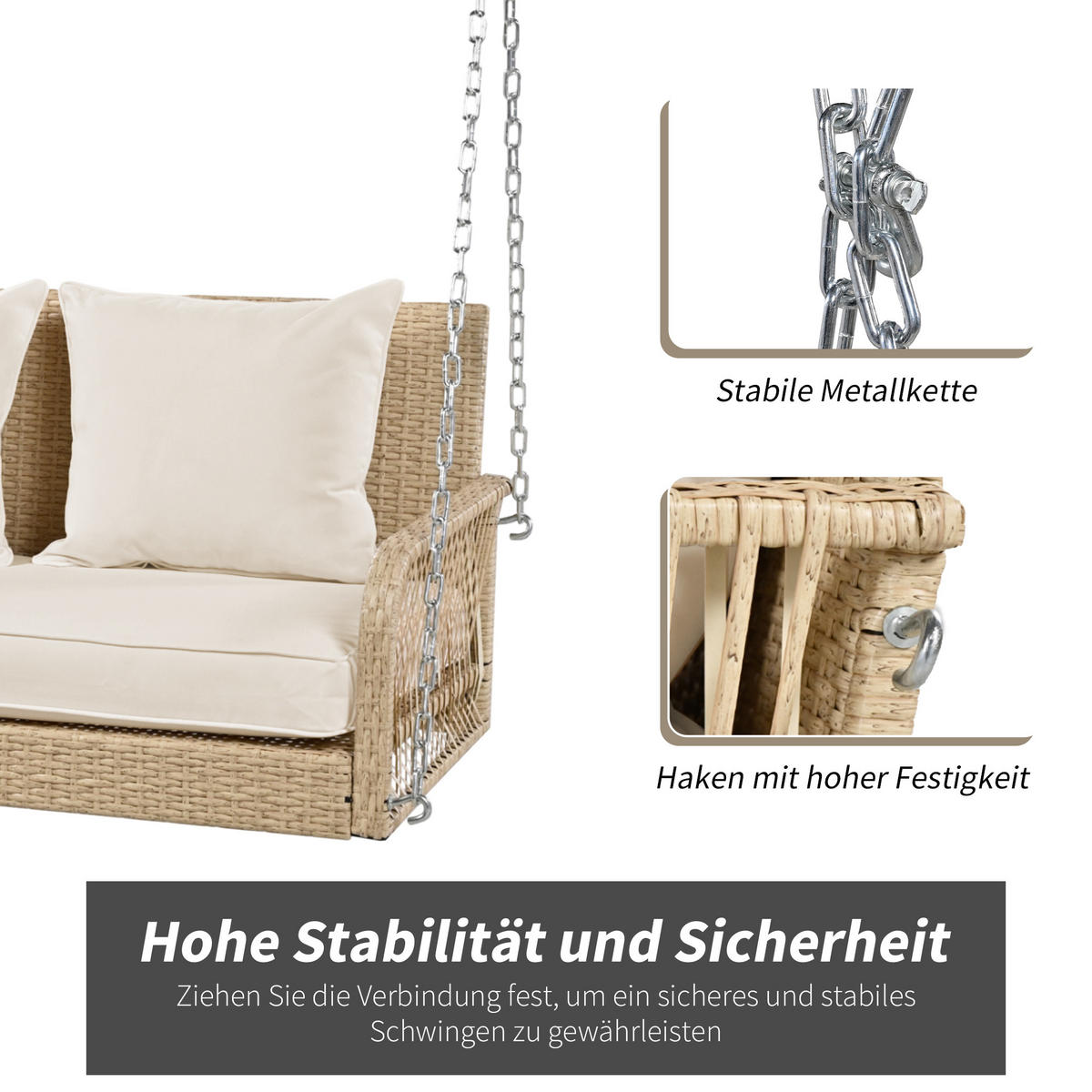 HOLLYWOODSCHAUKELL 2-Sitzer Beiges Rattan Mit Waschbaren Kissen - Beige, Naturmaterialien (54/53/114cm) - FLIEKS