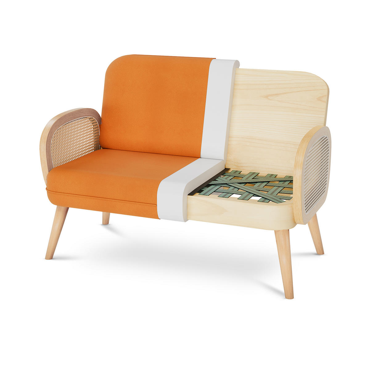 2-SITZER-SOFA Rosi Böhmisches aus Korbgeflecht und ockergelbem Samt - Dunkelgelb/Akaziefarben, Holz/Holzwerkstoff (125/83/79cm) - Sicaan