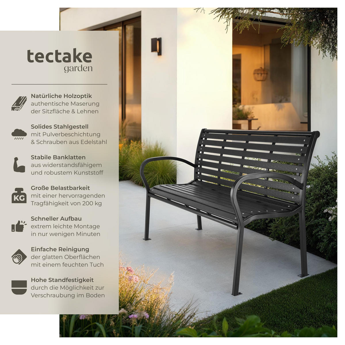 GARTENBANK Pino,126 x 62 x 81,5 cm,schwarz - Schwarz, Metall (62/81.5/126cm) - tectake